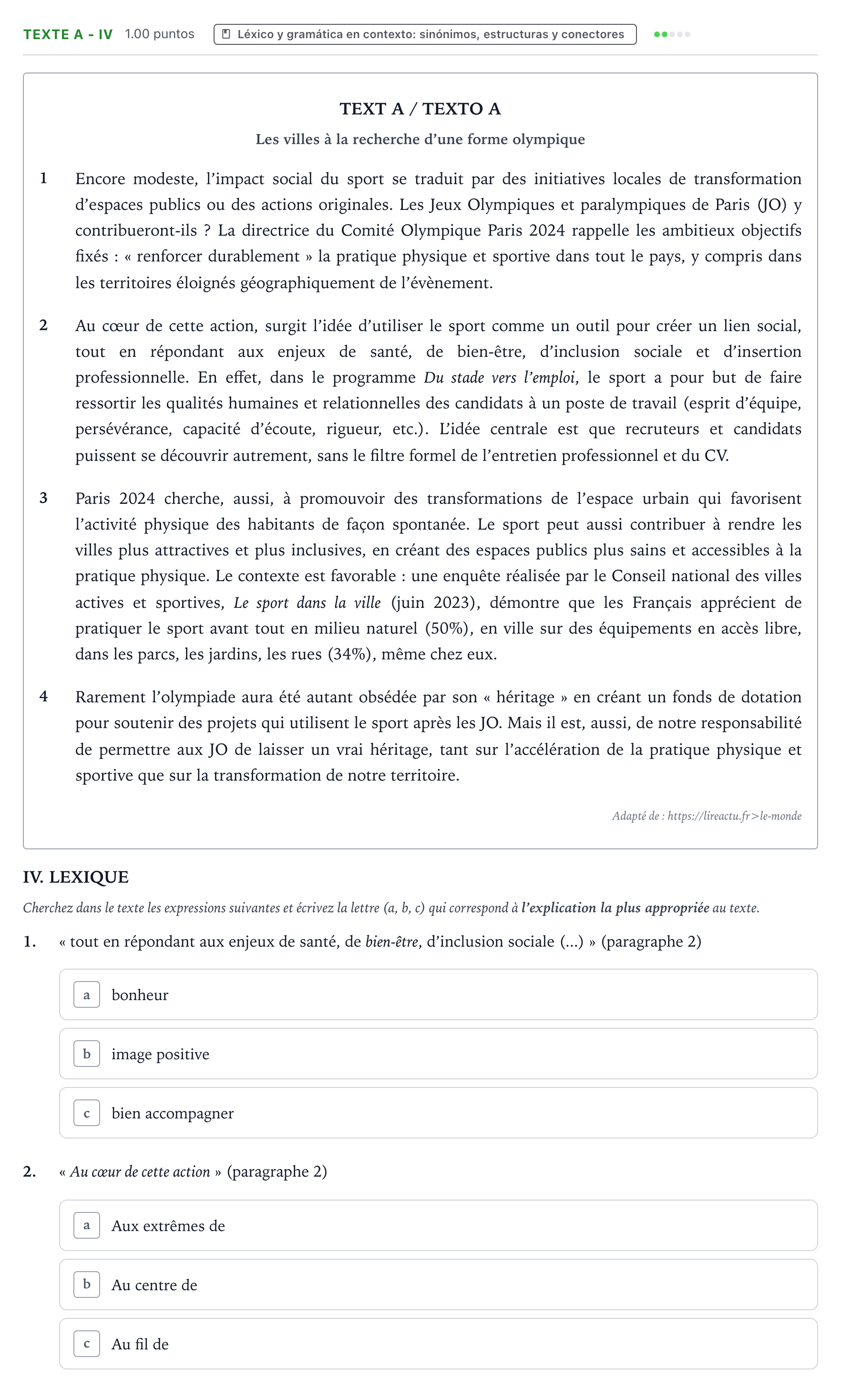 Enunciado: Ejercicio TEXTE A - IV · Francés PAU Valencia Ordinaria 2024