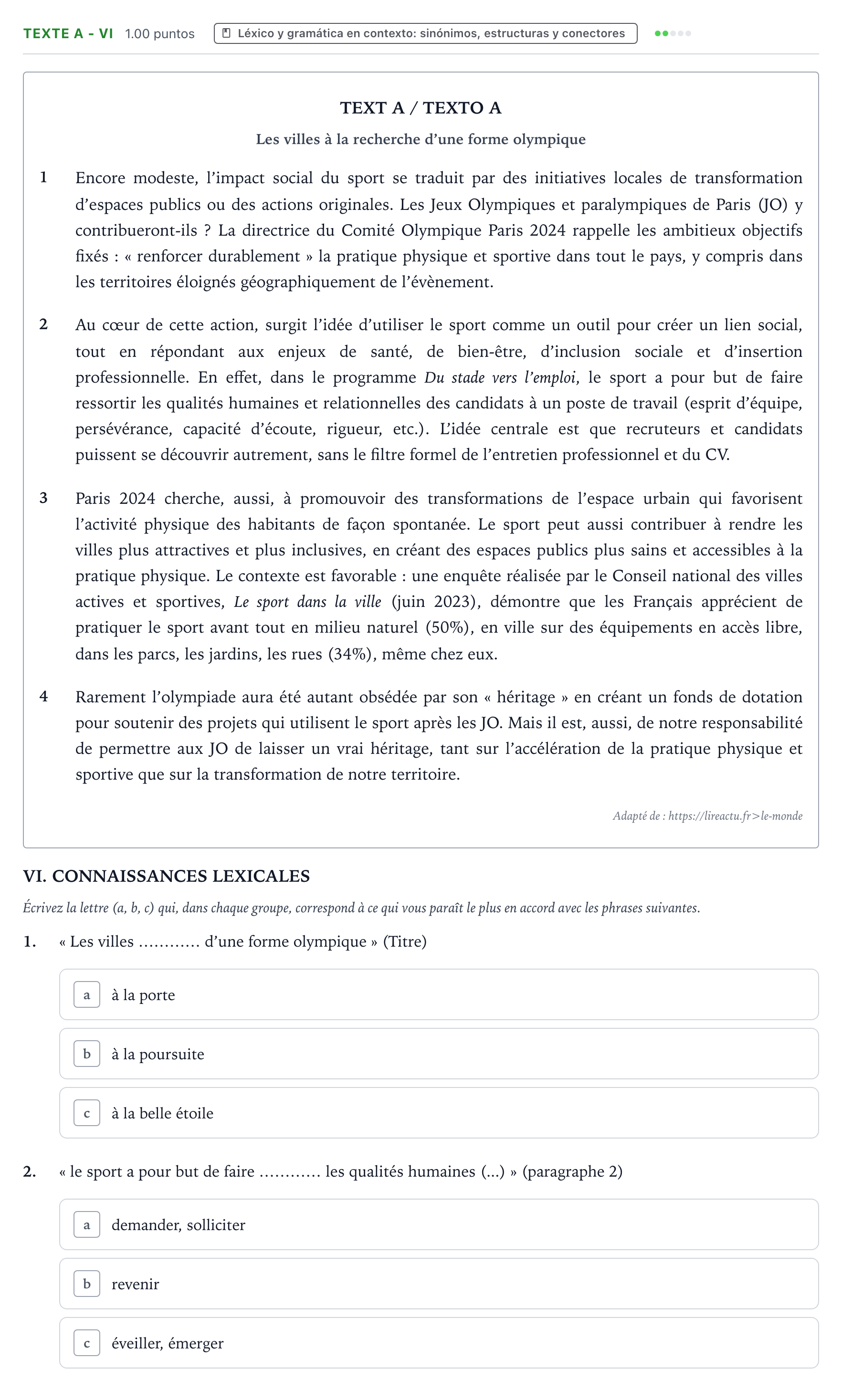 Enunciado: Ejercicio TEXTE A - VI · Francés PAU Valencia Ordinaria 2024