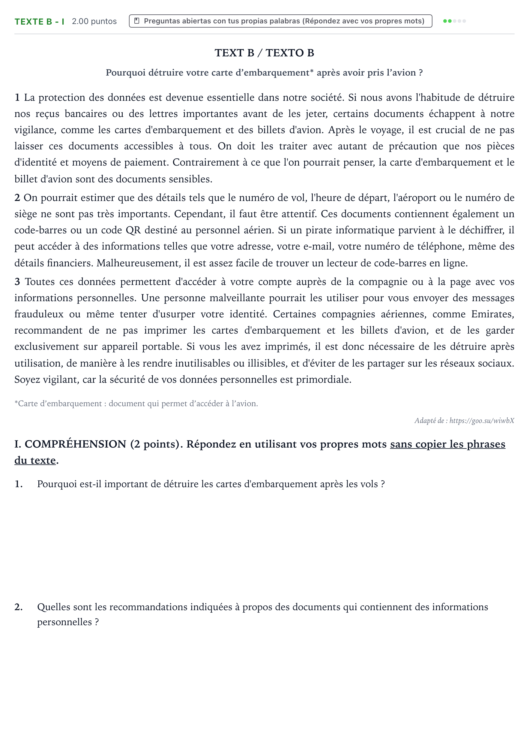 Enunciado: Ejercicio TEXTE B - I · Francés PAU Valencia Ordinaria 2024