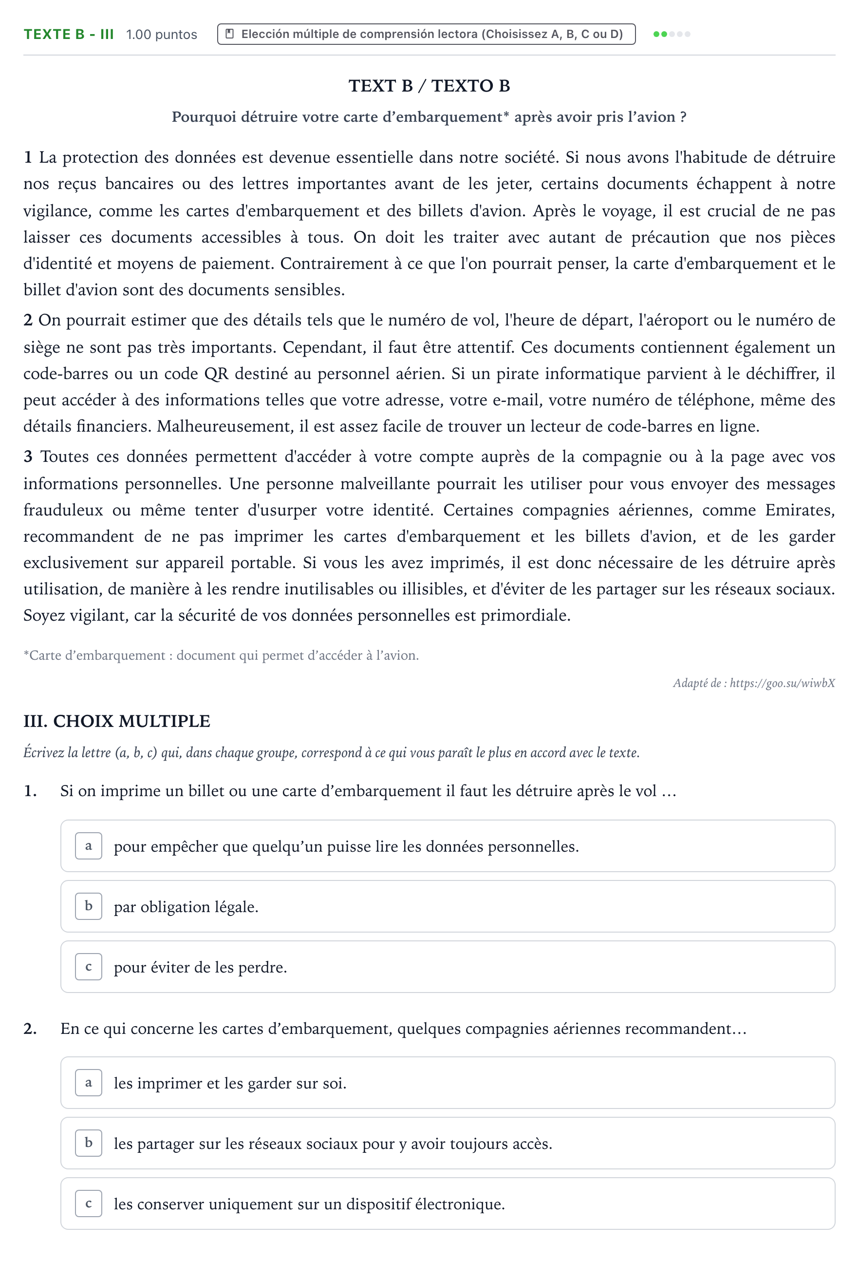 Enunciado: Ejercicio TEXTE B - III · Francés PAU Valencia Ordinaria 2024