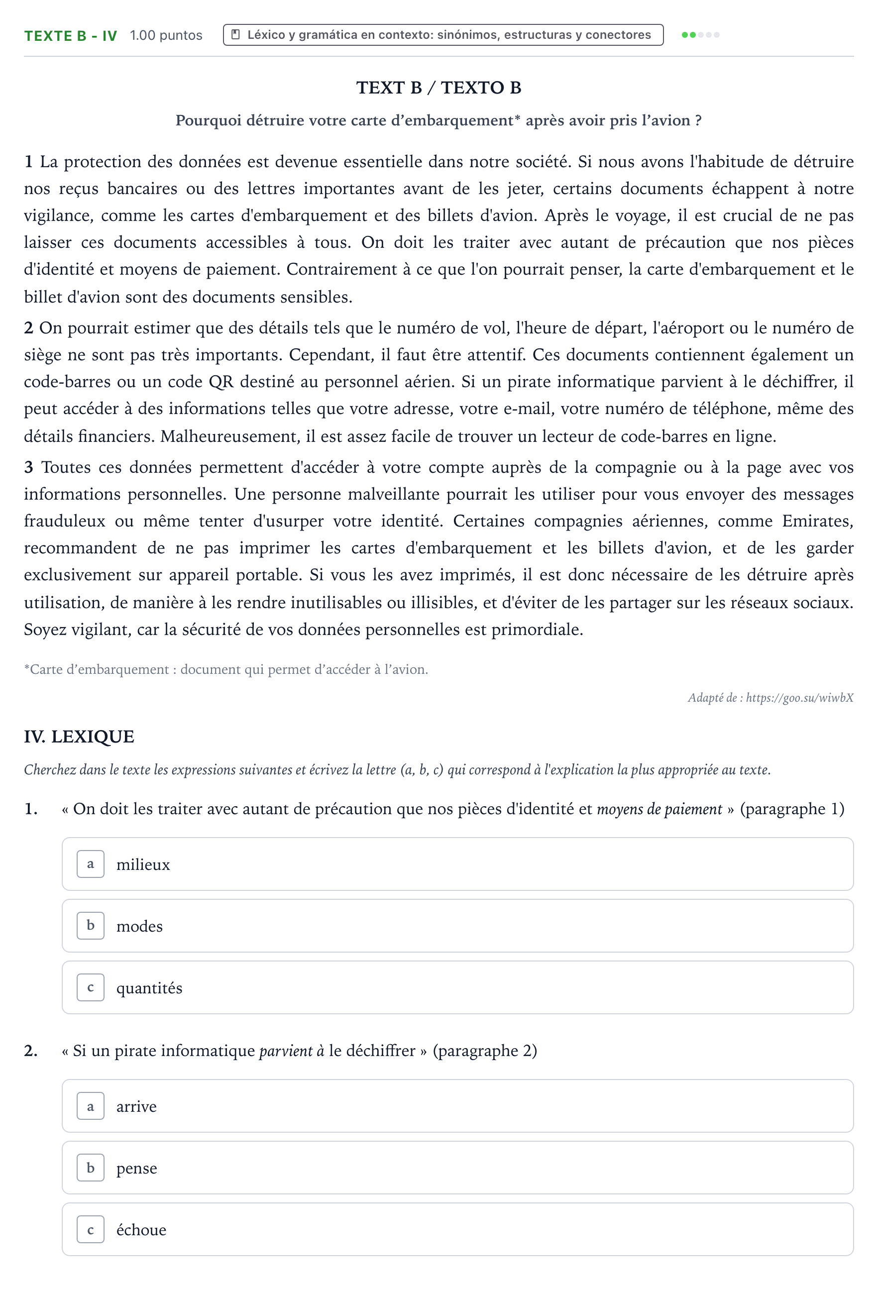 Enunciado: Ejercicio TEXTE B - IV · Francés PAU Valencia Ordinaria 2024