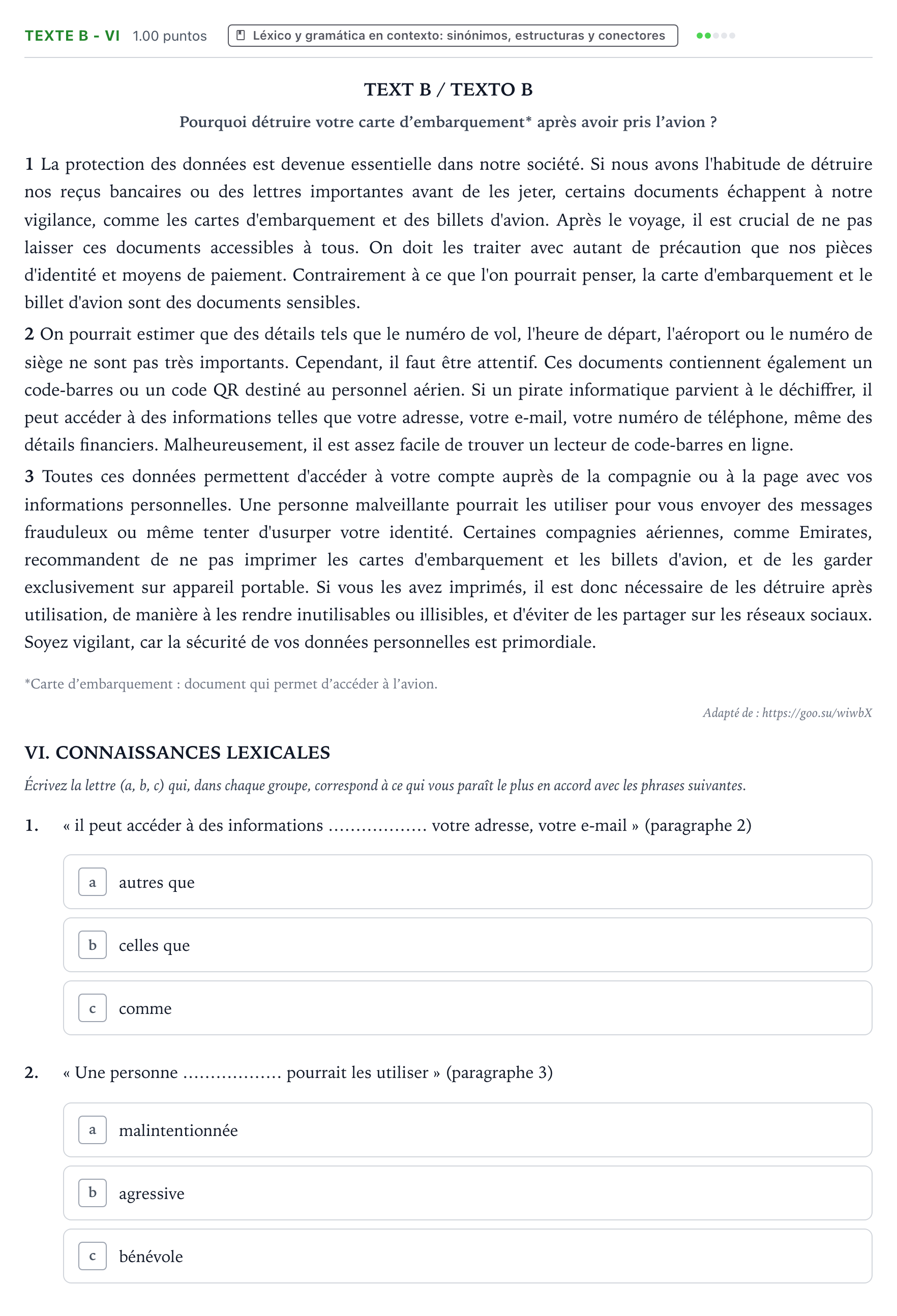 Enunciado: Ejercicio TEXTE B - VI · Francés PAU Valencia Ordinaria 2024