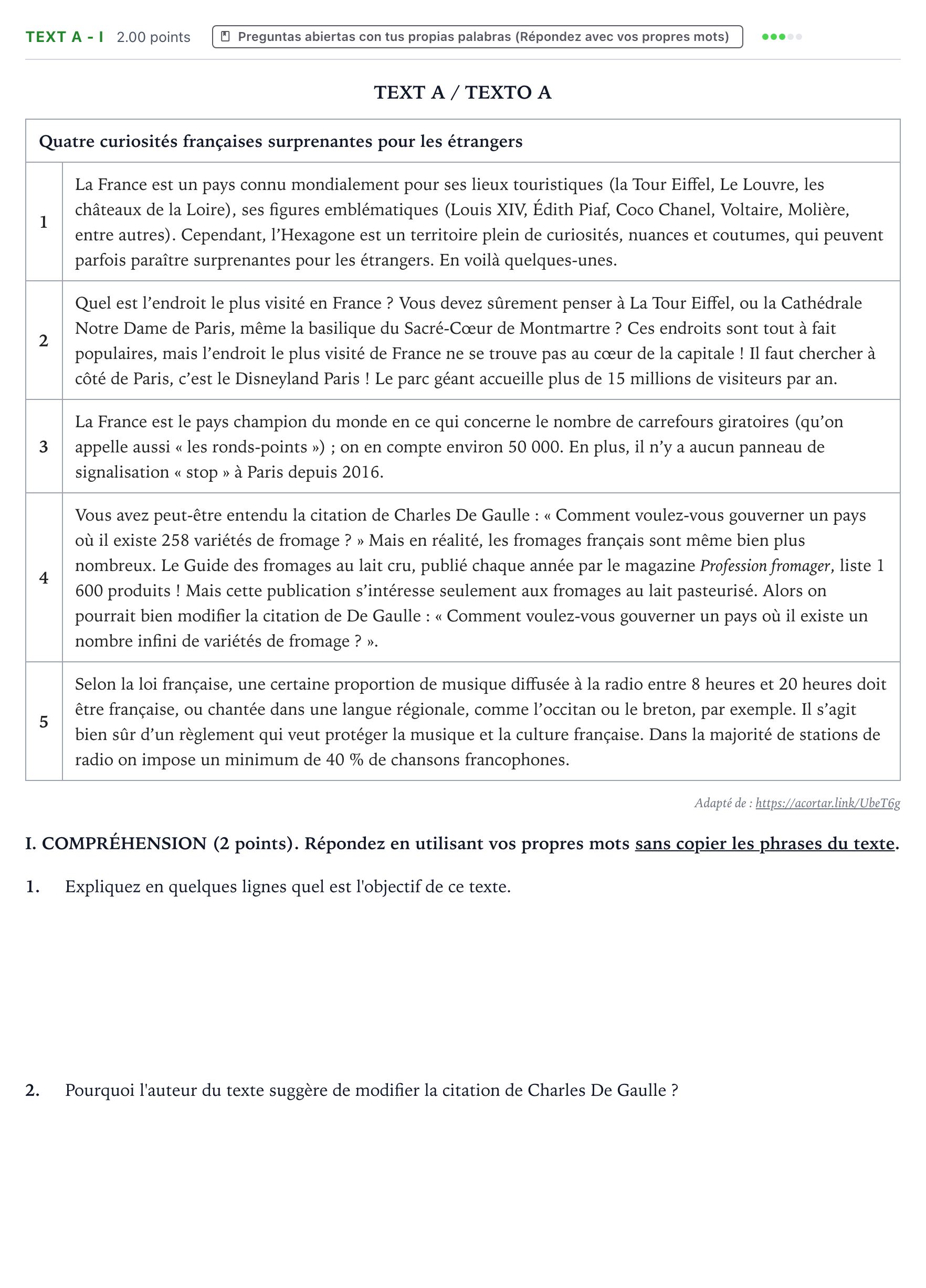 Enunciado: Ejercicio Text A - I · Francés PAU Valencia Ordinaria solapamiento 2024