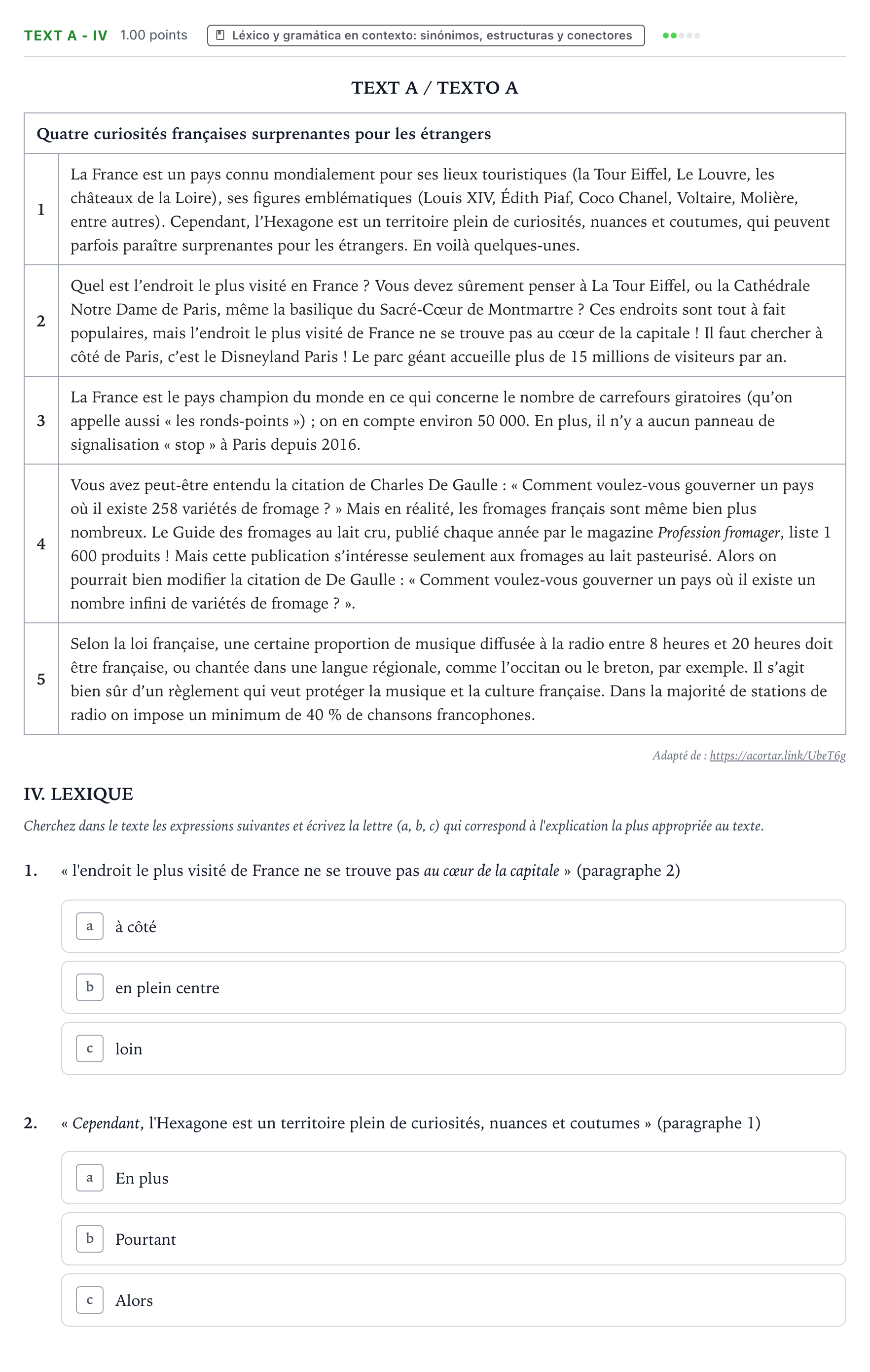 Enunciado: Ejercicio Text A - IV · Francés PAU Valencia Ordinaria solapamiento 2024