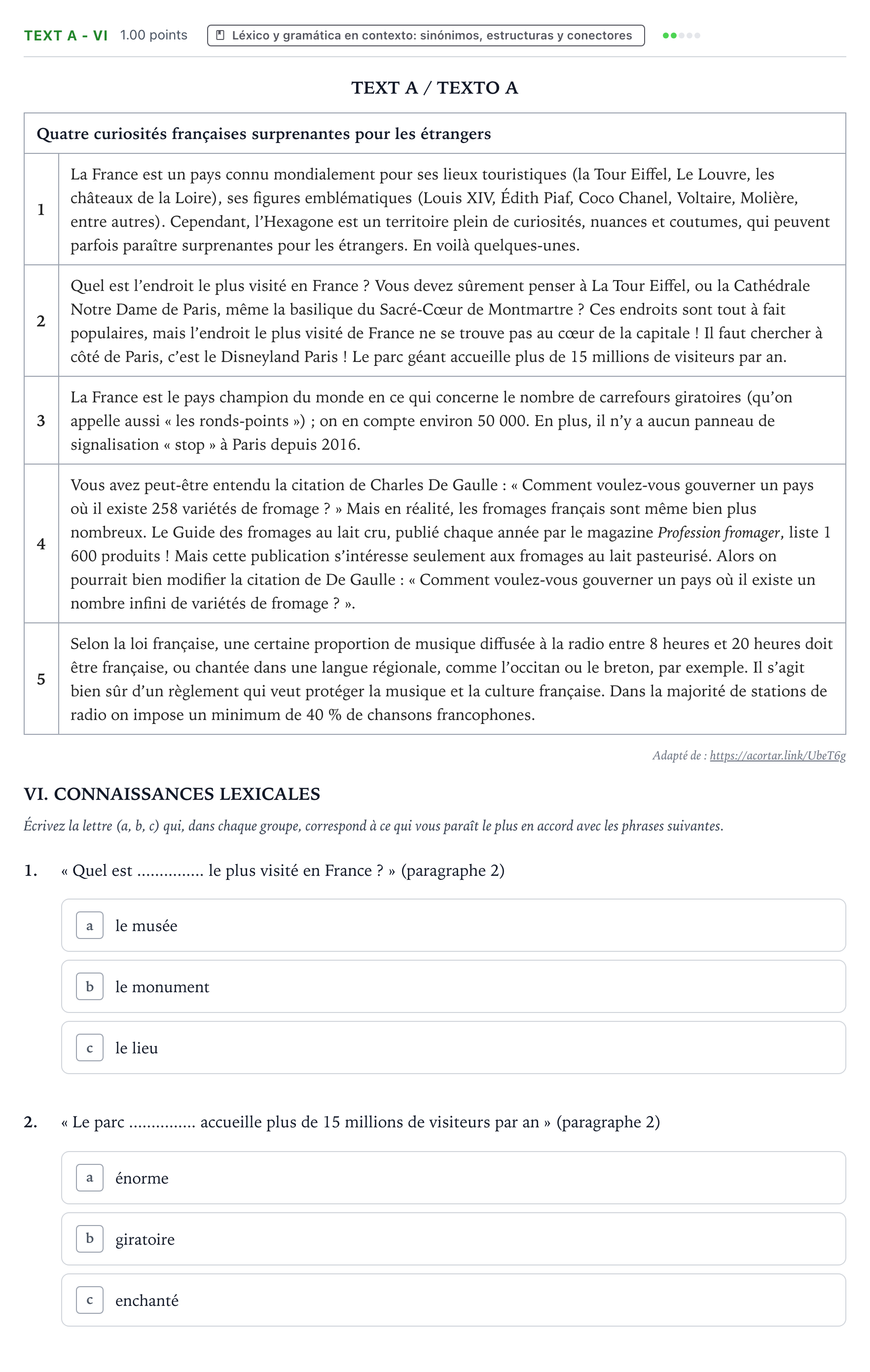 Enunciado: Ejercicio Text A - VI · Francés PAU Valencia Ordinaria solapamiento 2024