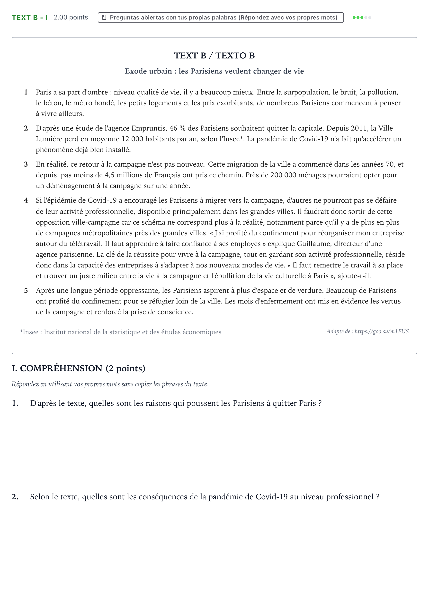 Enunciado: Ejercicio Text B - I · Francés PAU Valencia Ordinaria solapamiento 2024