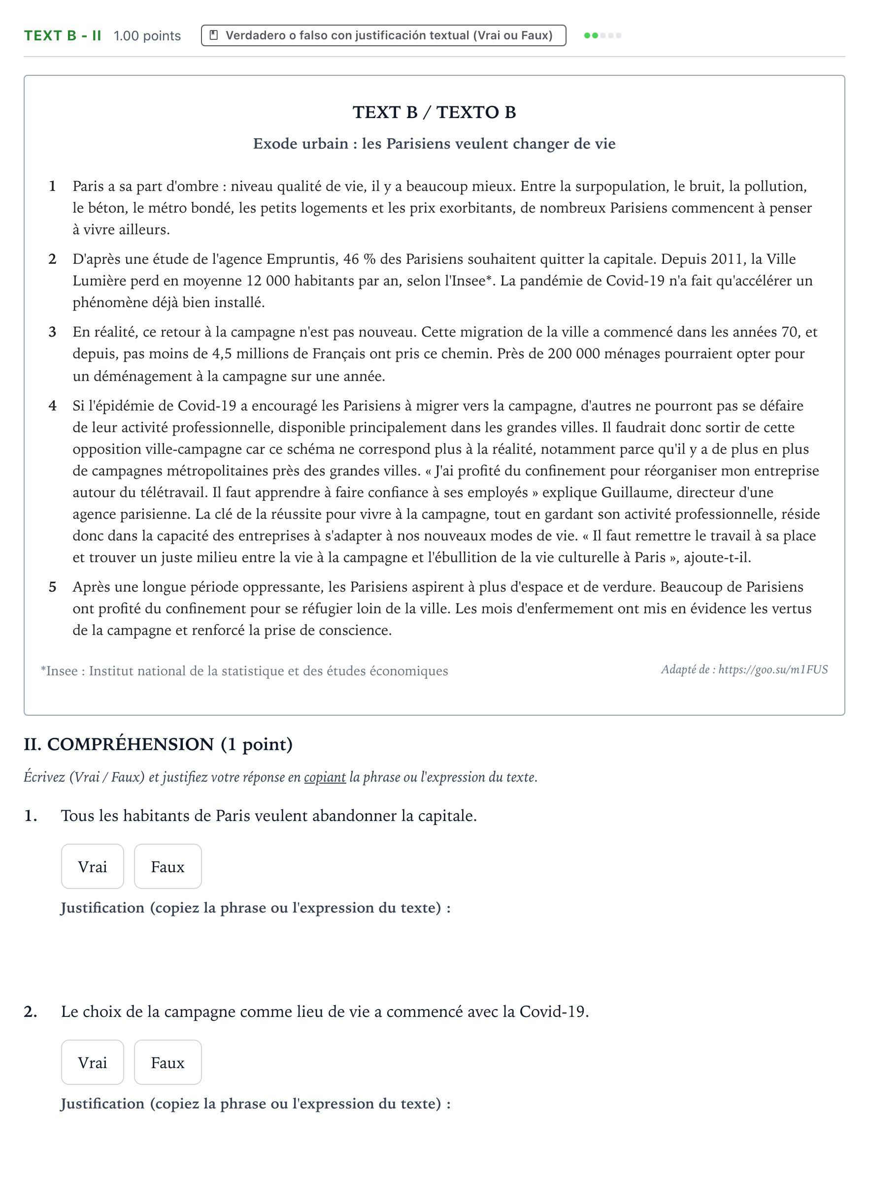Enunciado: Ejercicio Text B - II · Francés PAU Valencia Ordinaria solapamiento 2024