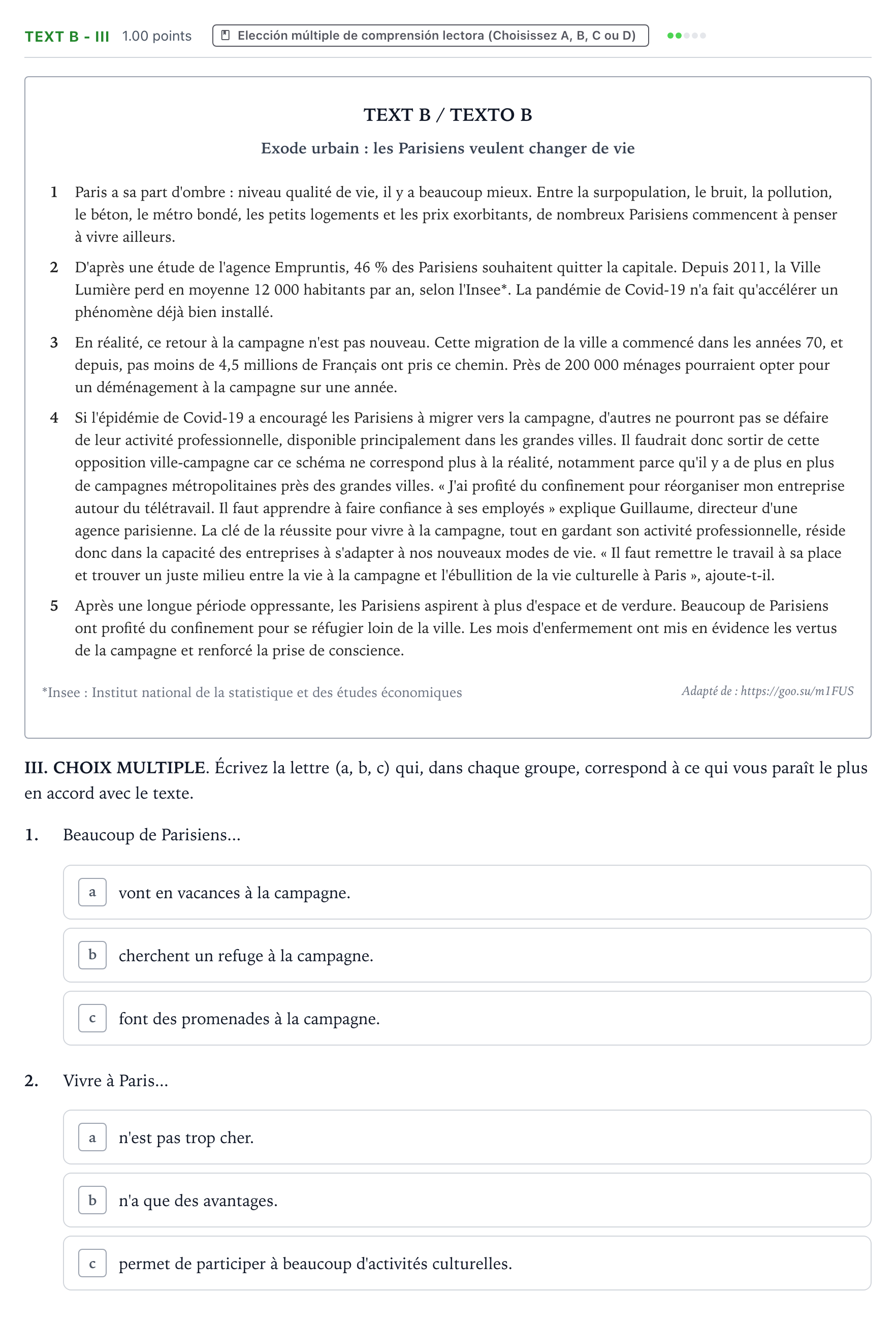 Enunciado: Ejercicio Text B - III · Francés PAU Valencia Ordinaria solapamiento 2024