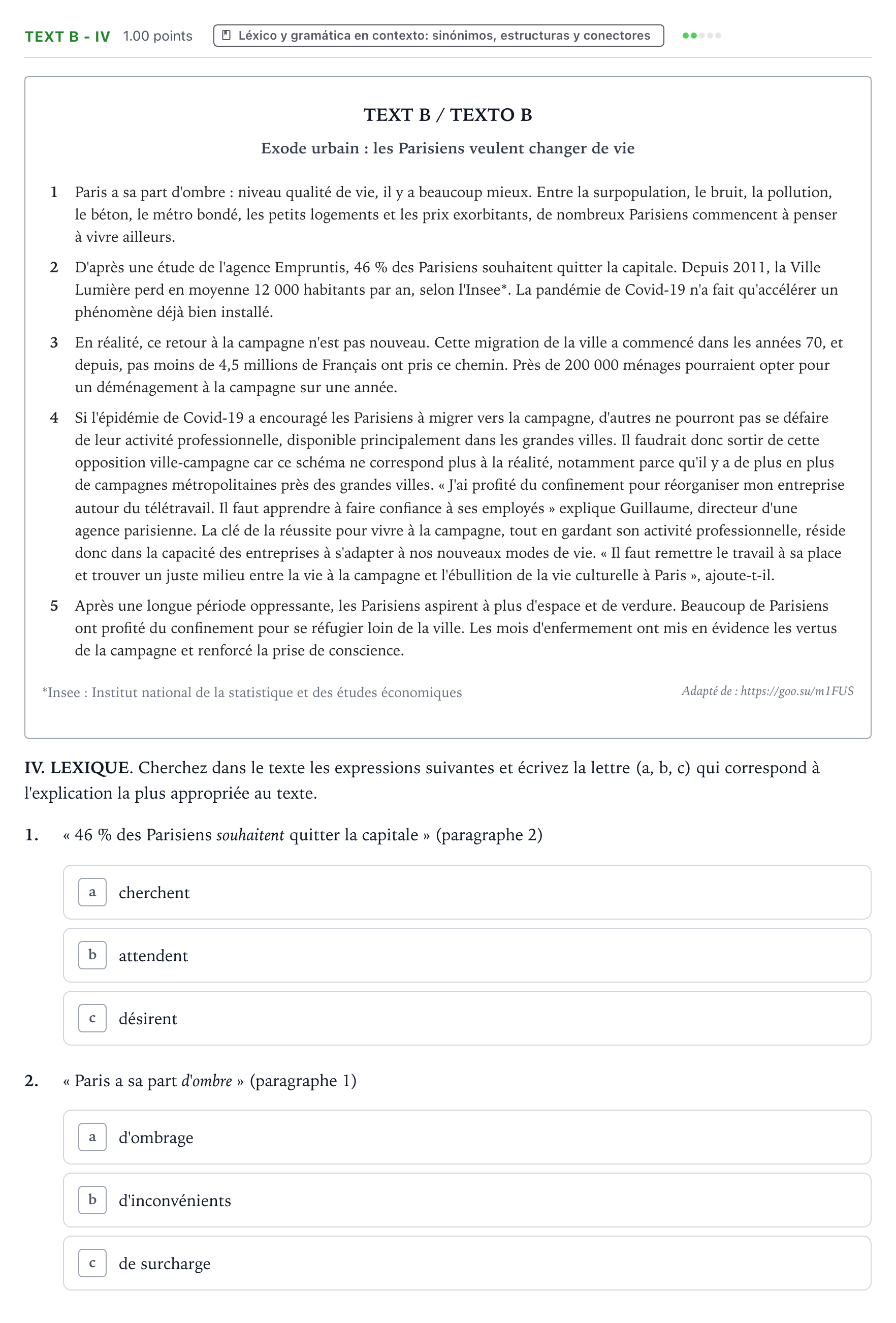Enunciado: Ejercicio Text B - IV · Francés PAU Valencia Ordinaria solapamiento 2024