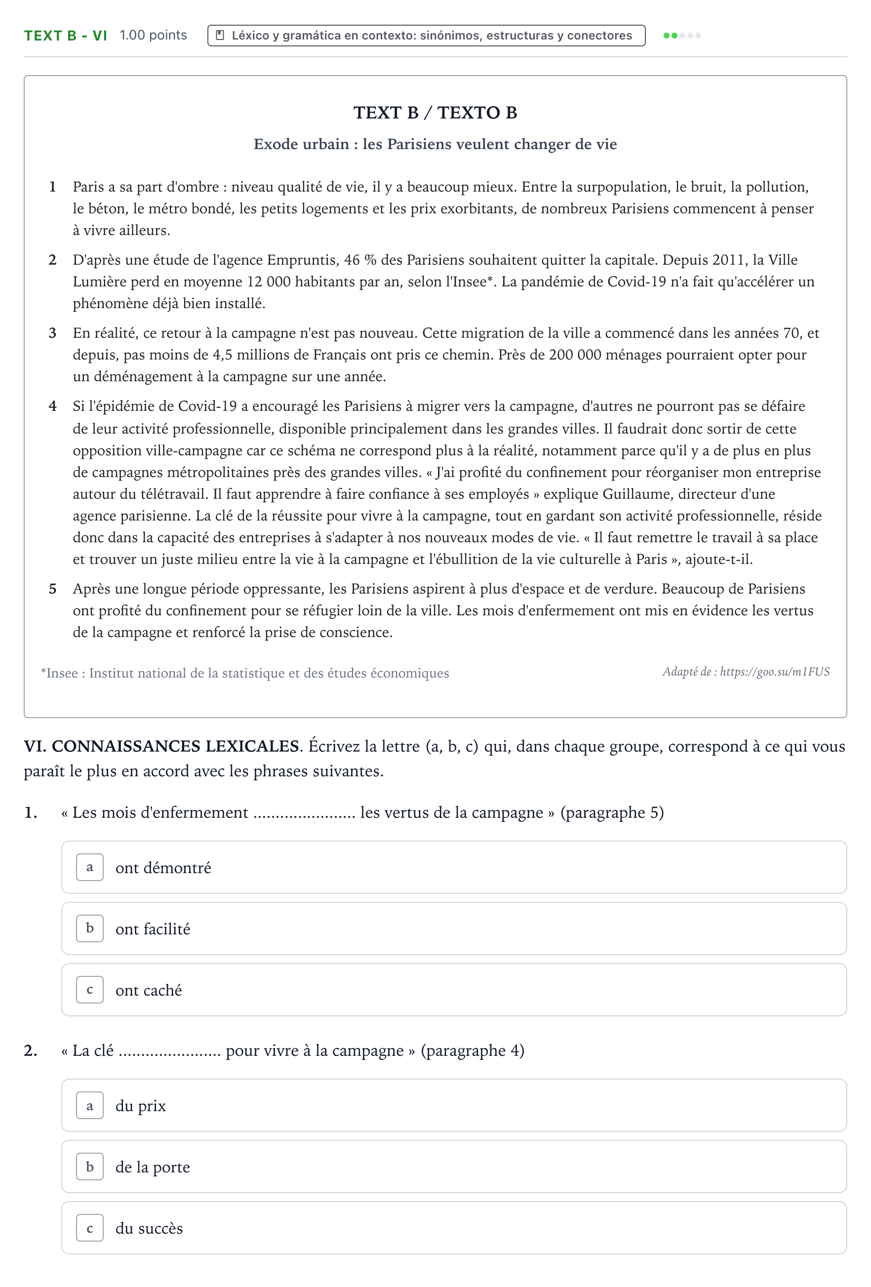 Enunciado: Ejercicio Text B - VI · Francés PAU Valencia Ordinaria solapamiento 2024