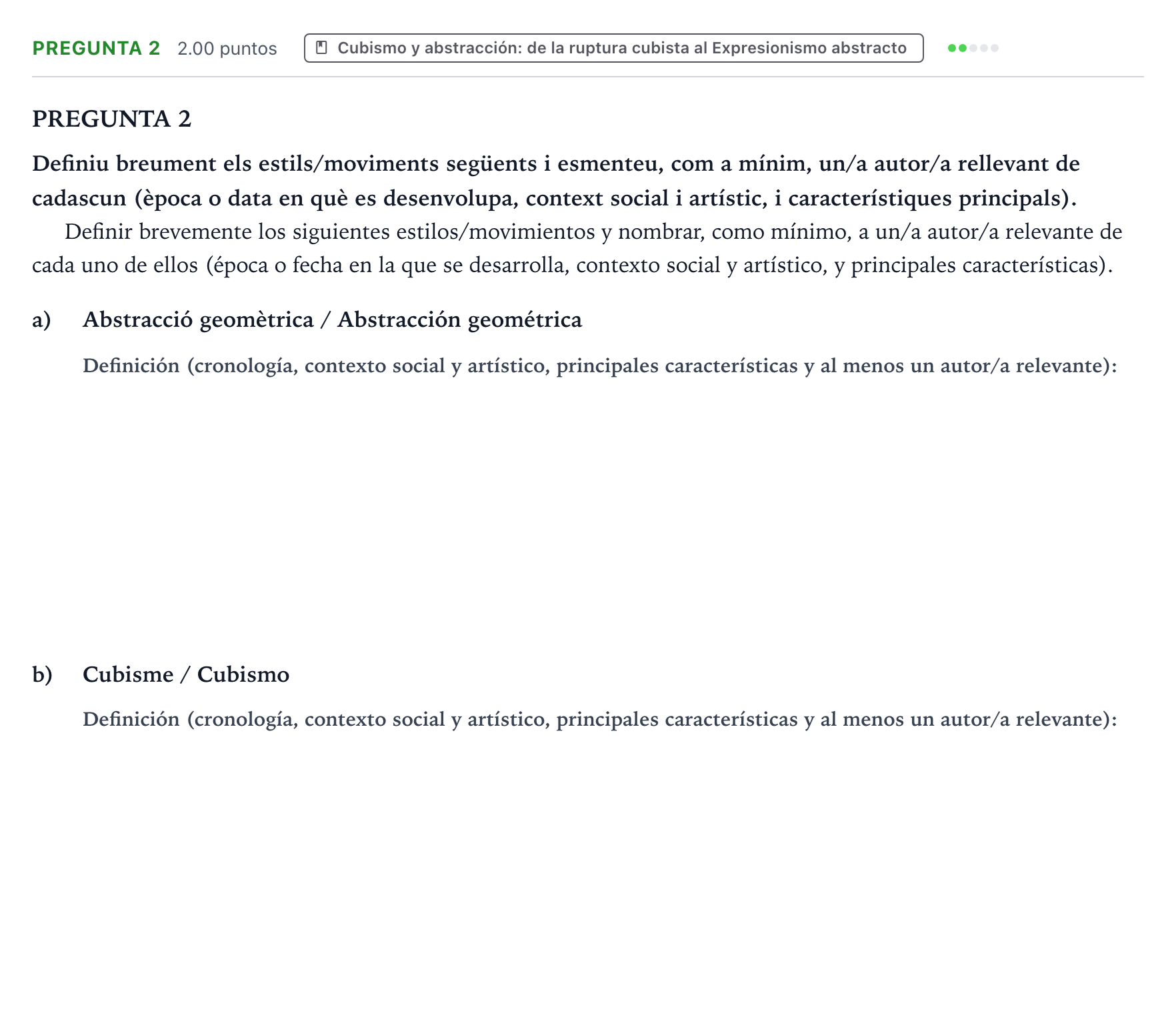 Enunciado: Pregunta 2 - Cubismo y abstracción · Fundamentos Artísticos PAU Valencia Extraordinaria 2024