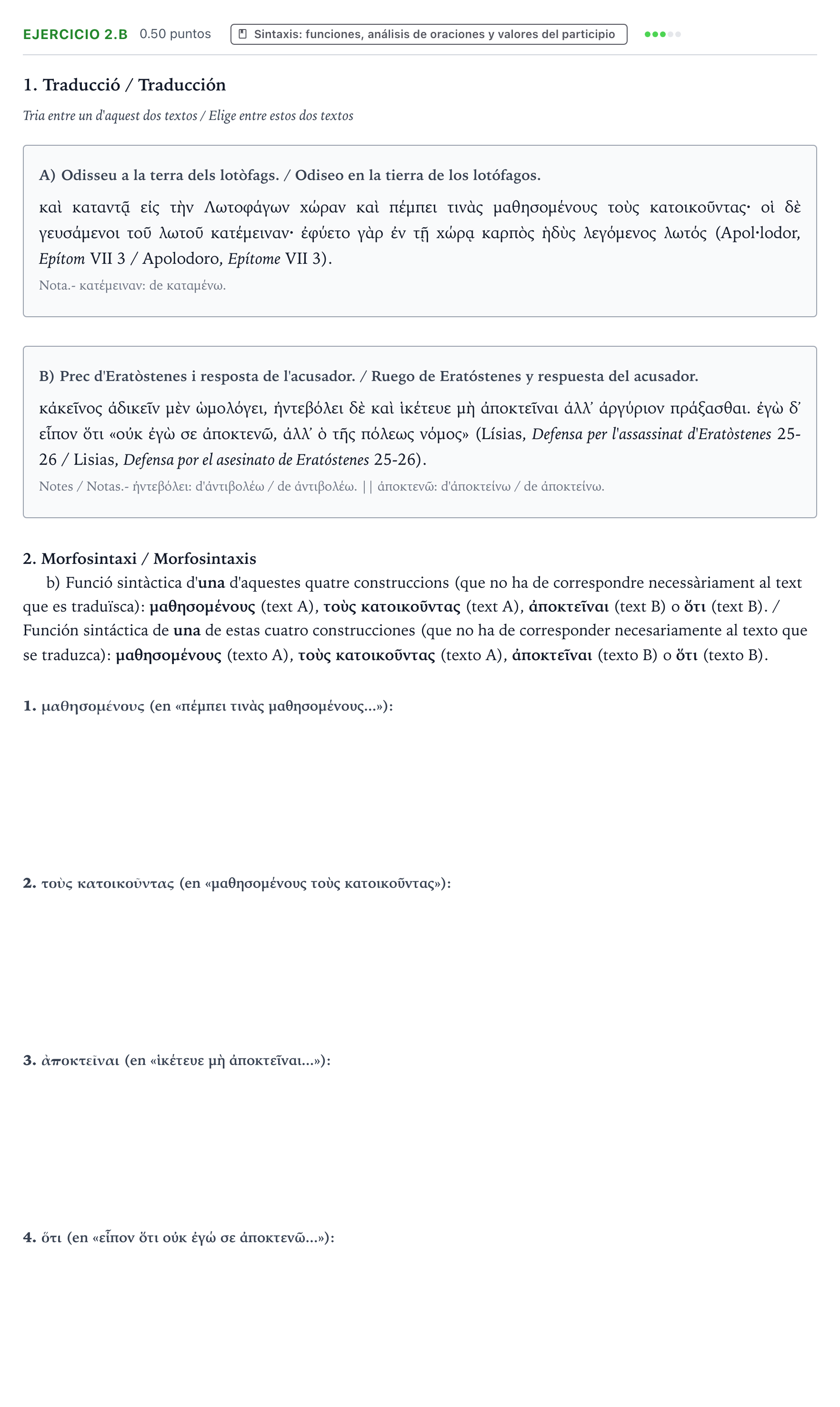 Enunciado: Ejercicio 2.b - Sintaxis · Griego II PAU Valencia Extraordinaria 2024