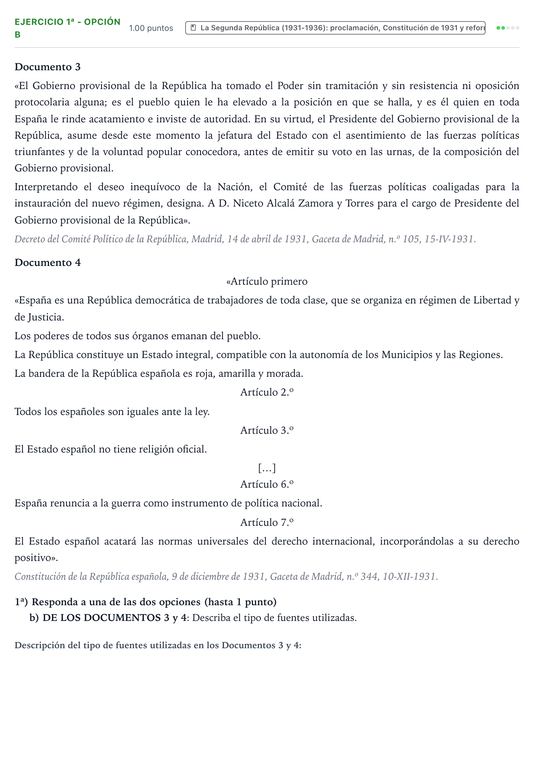 Enunciado: Ejercicio 1ª - Opción b · Historia de España PAU Valencia Extraordinaria 2024