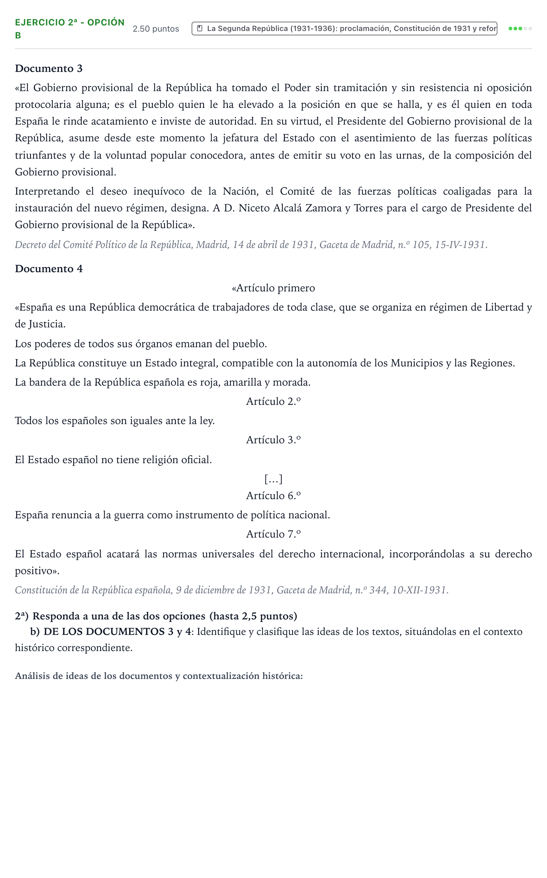Enunciado: Ejercicio 2ª - Opción b · Historia de España PAU Valencia Extraordinaria 2024