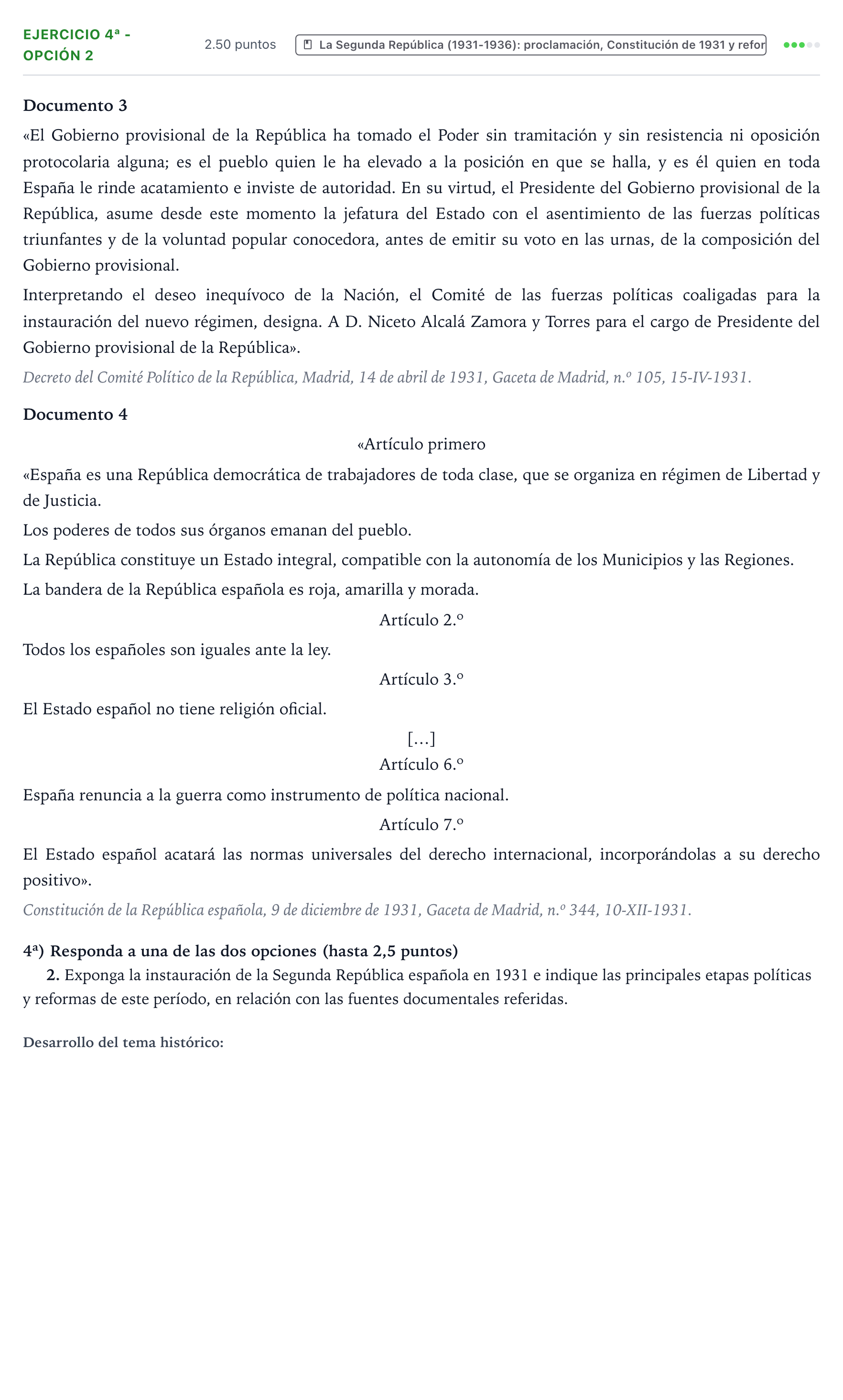 Enunciado: Ejercicio 4ª - Opción 2 · Historia de España PAU Valencia Extraordinaria 2024