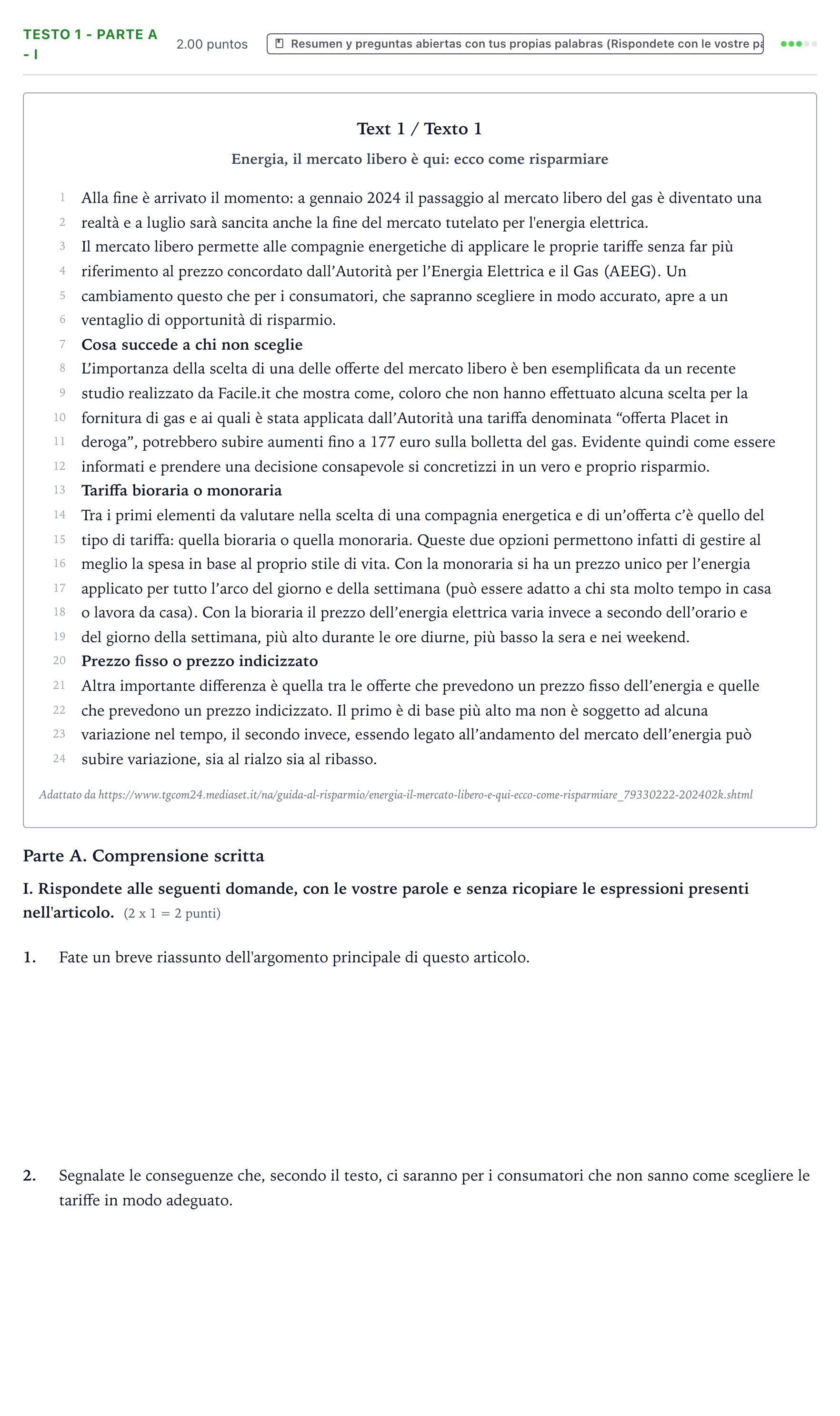 Enunciado: Ejercicio Testo 1 - Parte A - I · Italiano PAU Valencia Extraordinaria 2024