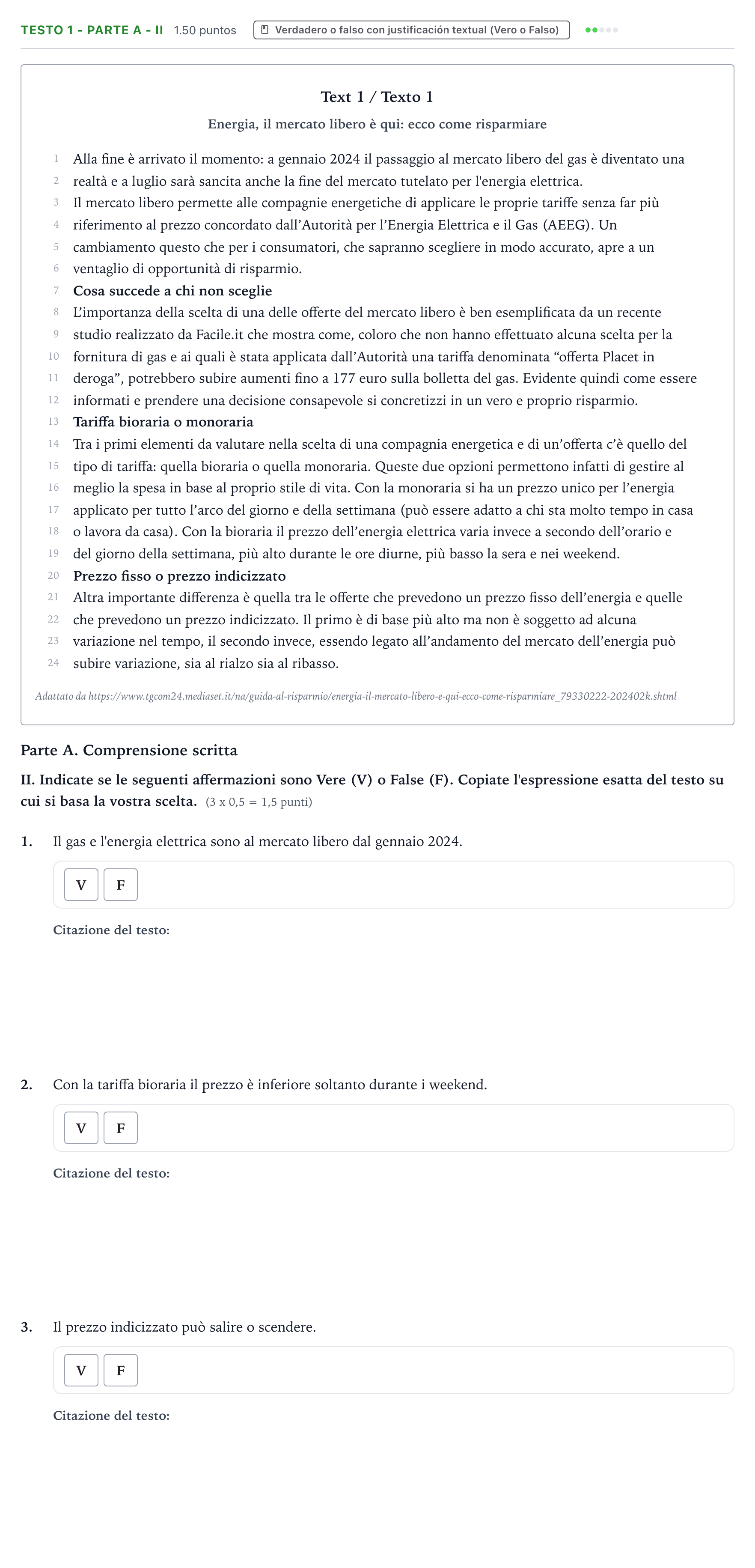 Enunciado: Ejercicio Testo 1 - Parte A - II · Italiano PAU Valencia Extraordinaria 2024