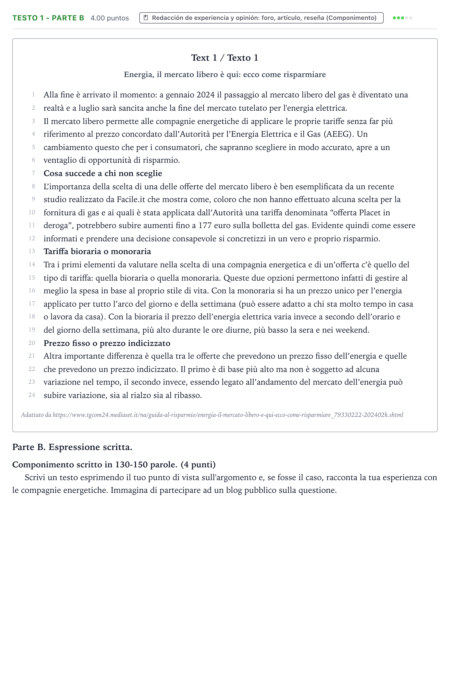 Enunciado: Ejercicio Testo 1 - Parte B · Italiano PAU Valencia Extraordinaria 2024
