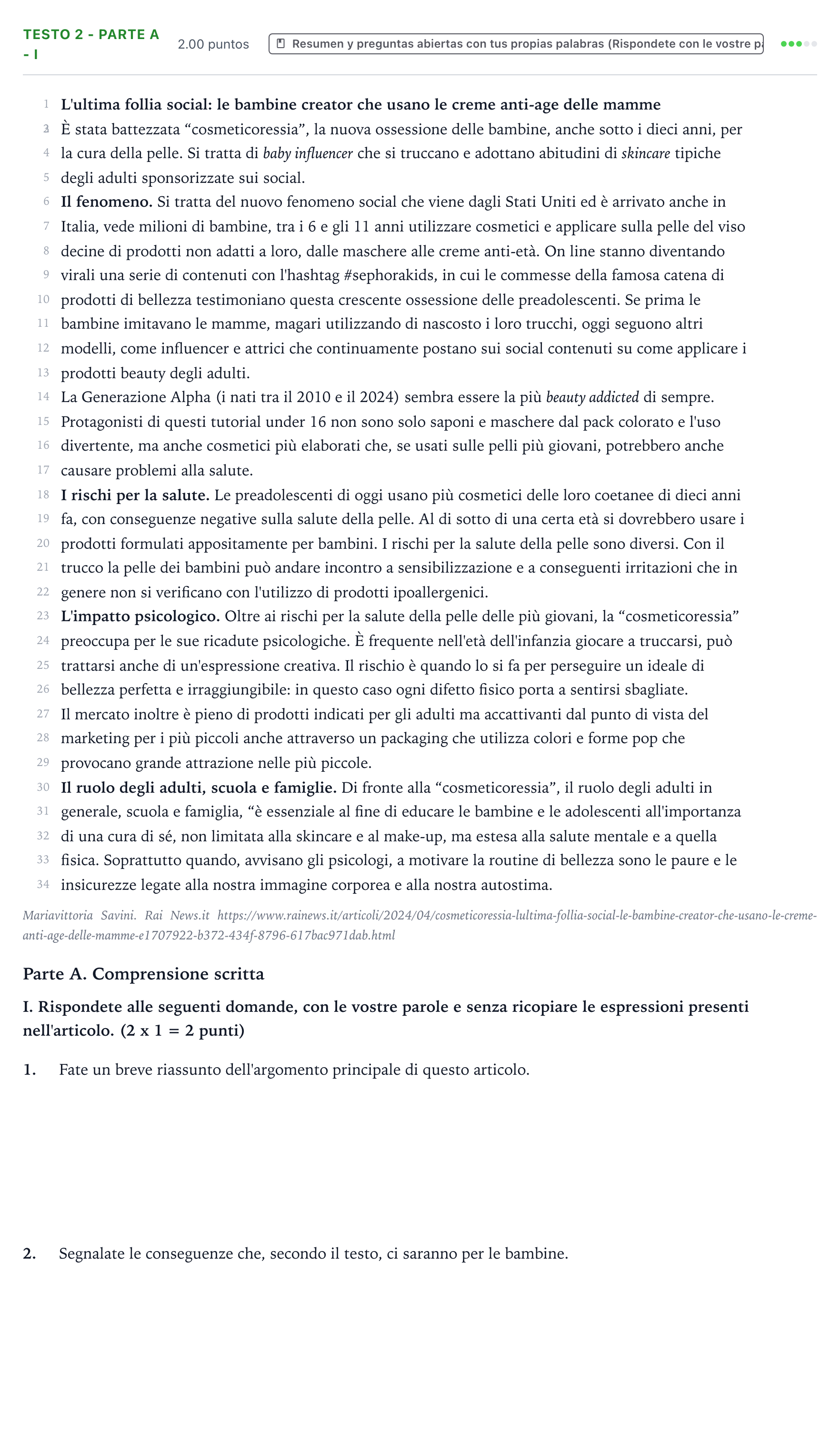 Enunciado: Ejercicio Testo 2 - Parte A - I · Italiano PAU Valencia Extraordinaria 2024