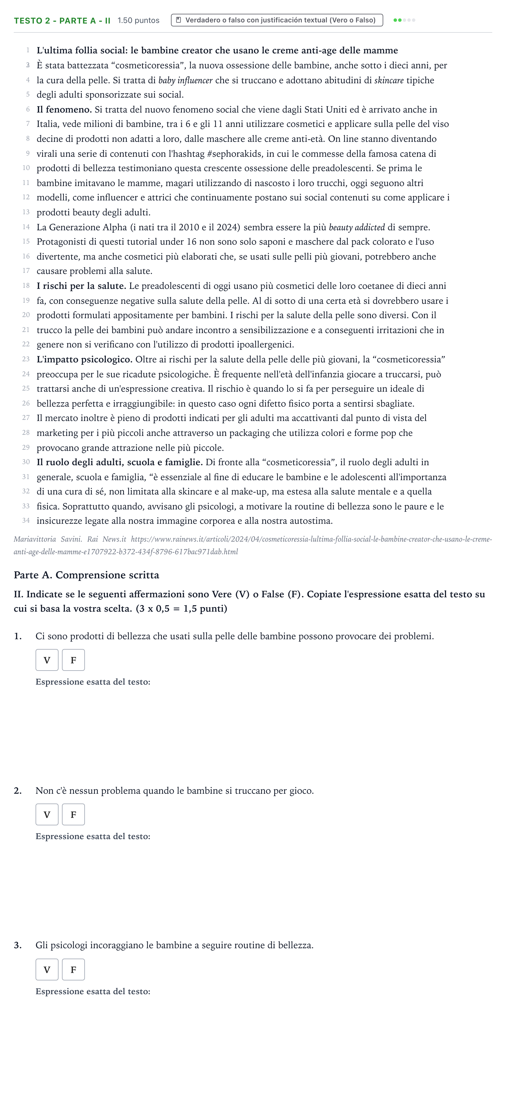 Enunciado: Ejercicio Testo 2 - Parte A - II · Italiano PAU Valencia Extraordinaria 2024