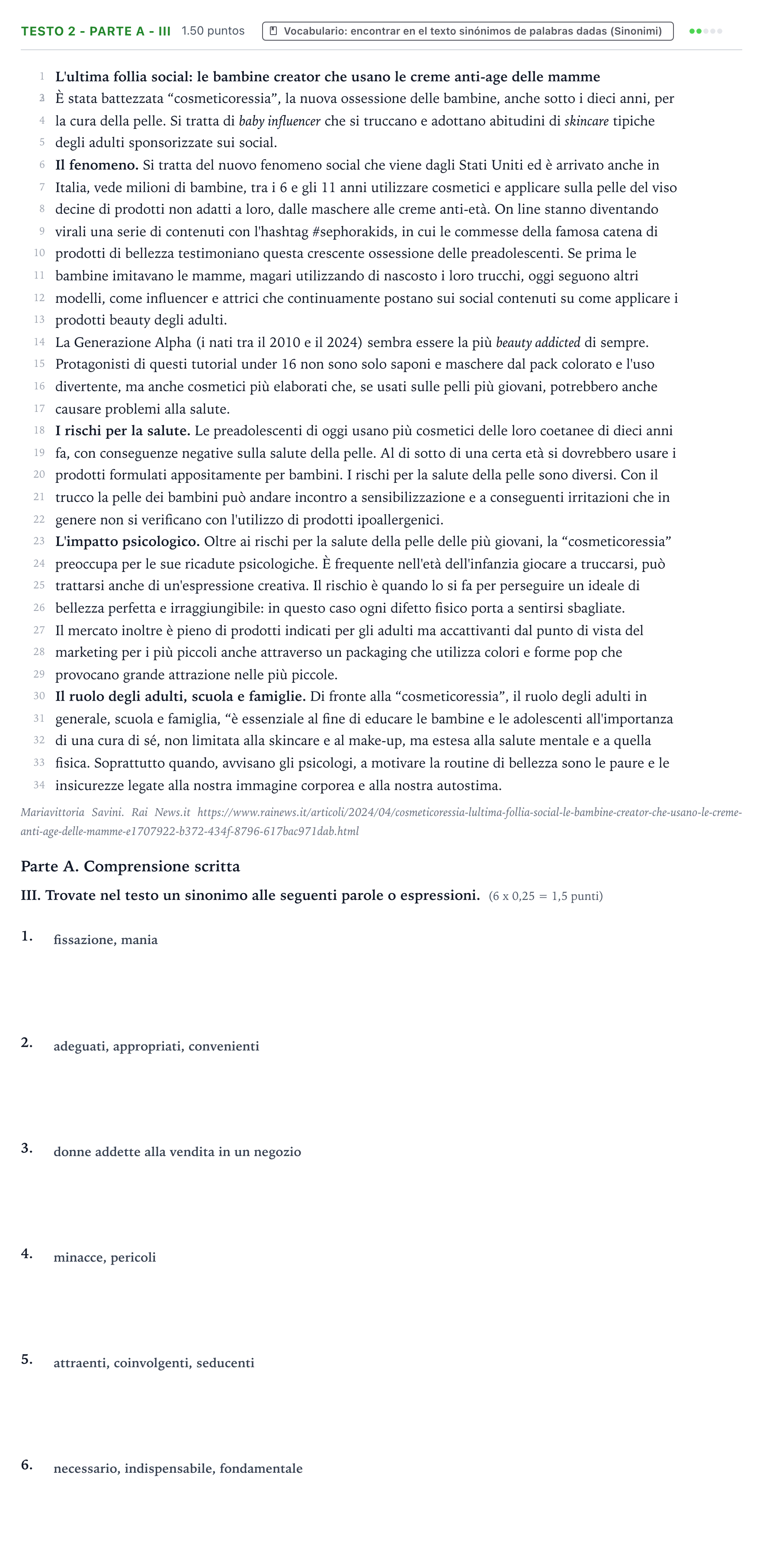 Enunciado: Ejercicio Testo 2 - Parte A - III · Italiano PAU Valencia Extraordinaria 2024