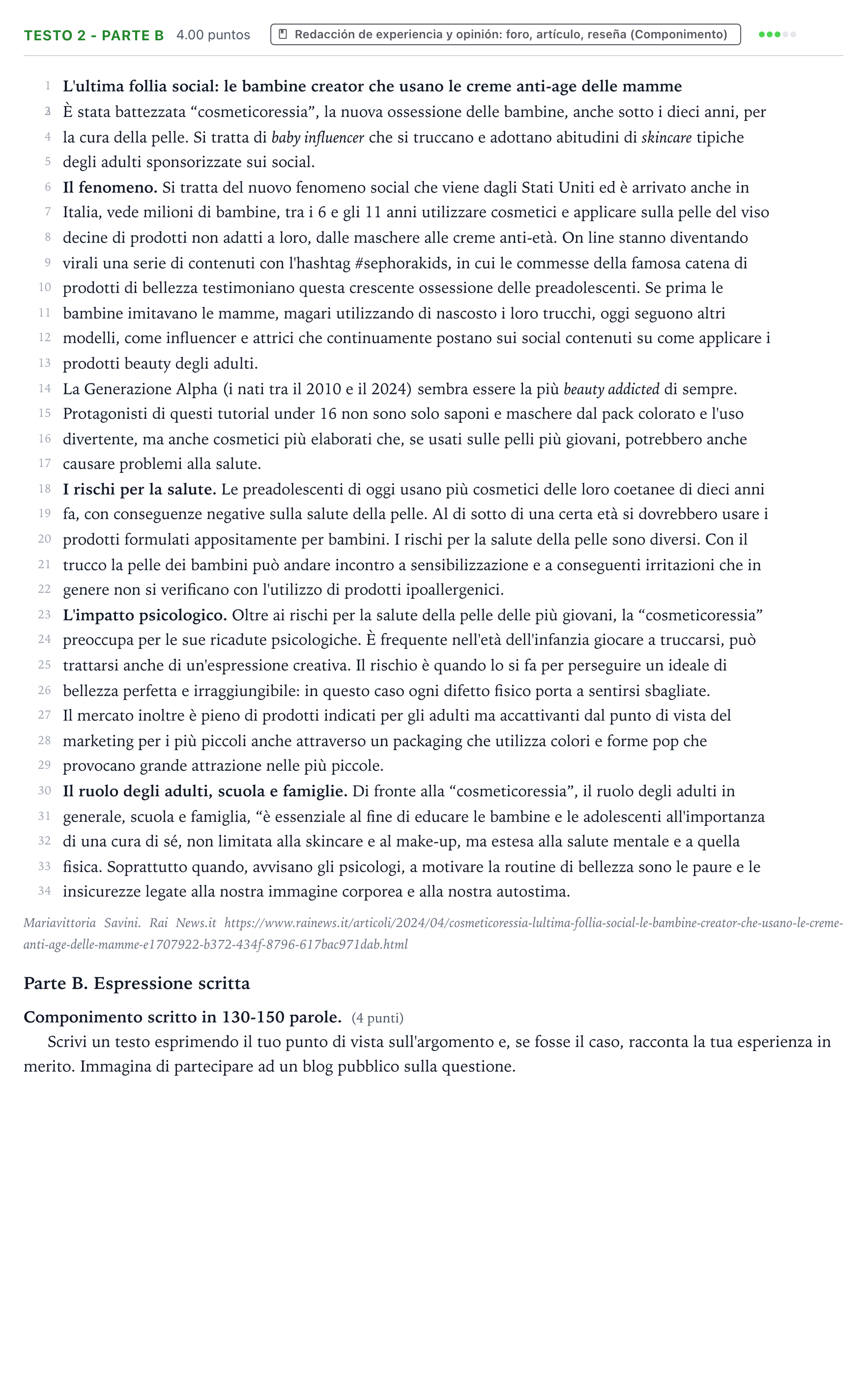 Enunciado: Ejercicio Testo 2 - Parte B · Italiano PAU Valencia Extraordinaria 2024