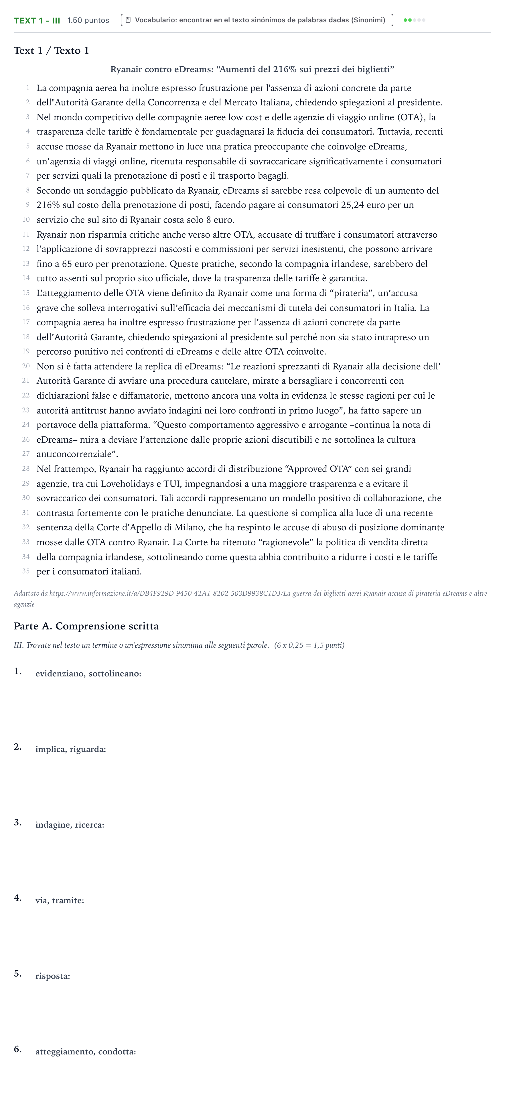 Enunciado: Ejercicio Text 1 - III · Italiano PAU Valencia Extraordinaria solapamiento 2024