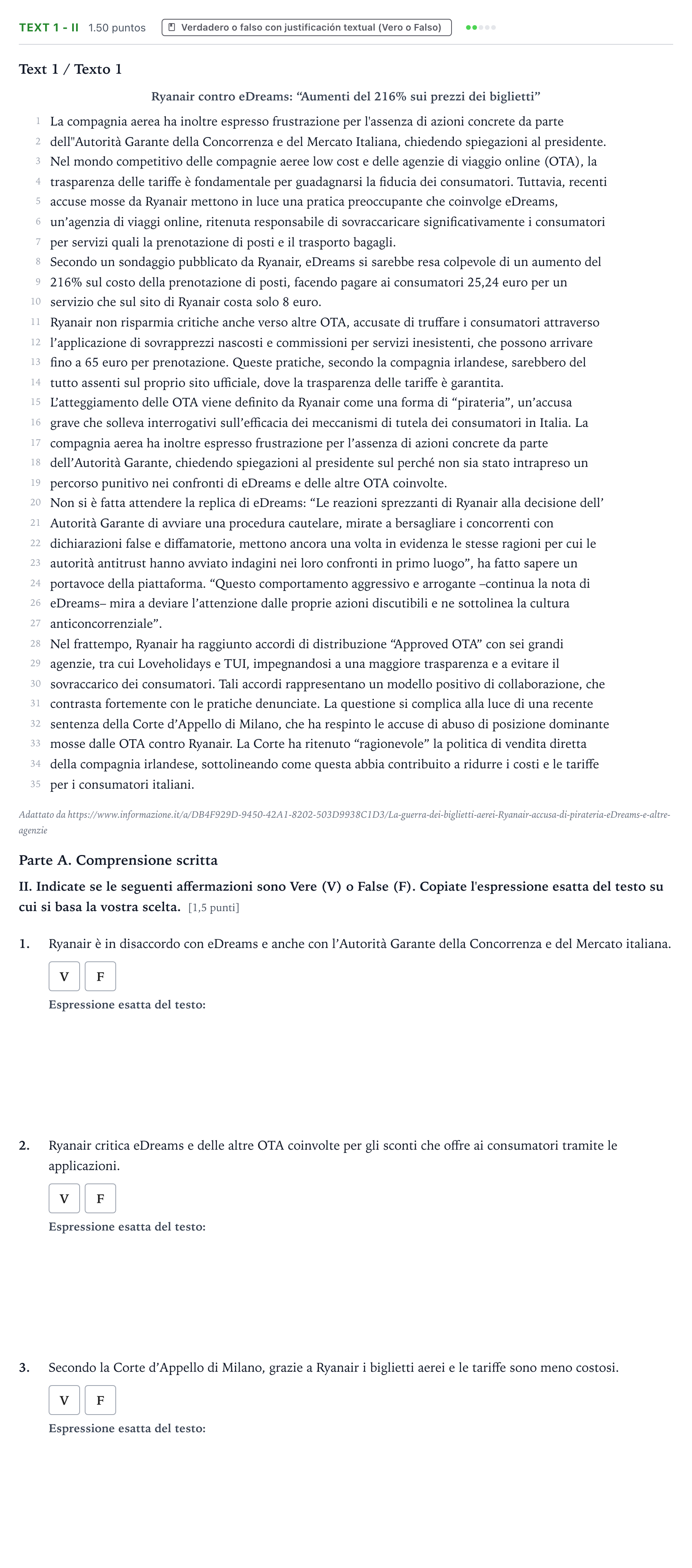 Enunciado: Ejercicio Text 1 - II · Italiano PAU Valencia Extraordinaria solapamiento 2024