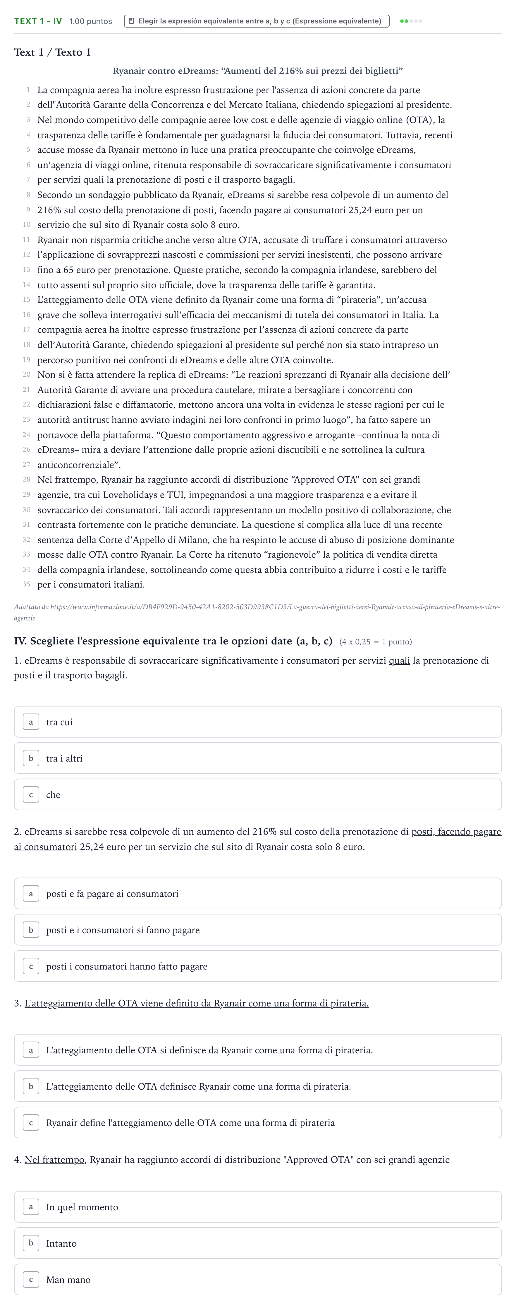 Enunciado: Ejercicio Text 1 - IV · Italiano PAU Valencia Extraordinaria solapamiento 2024