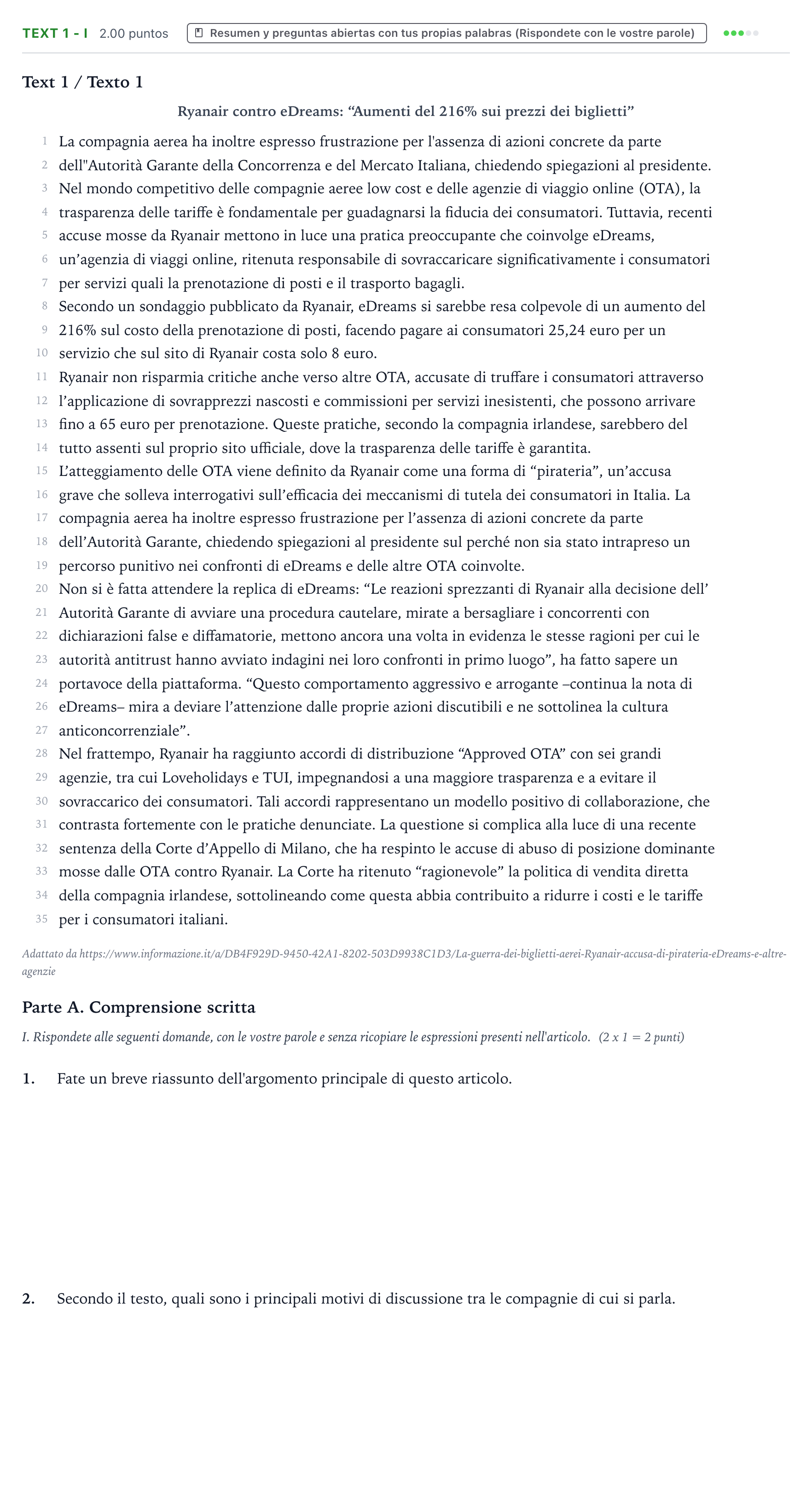 Enunciado: Ejercicio Text 1 - I · Italiano PAU Valencia Extraordinaria solapamiento 2024