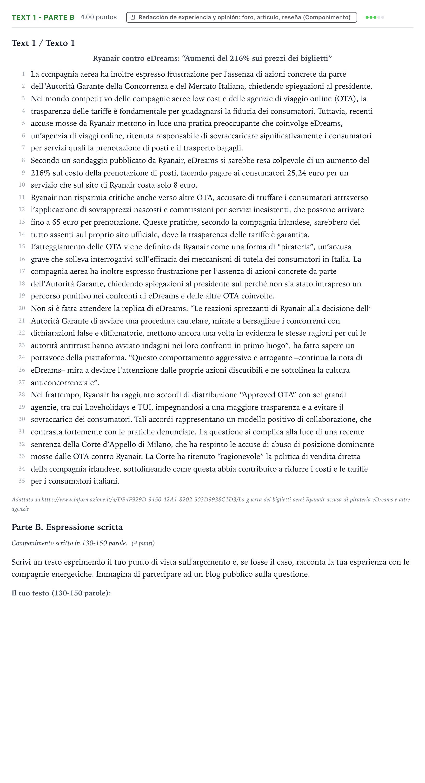 Enunciado: Ejercicio Text 1 - Parte B · Italiano PAU Valencia Extraordinaria solapamiento 2024
