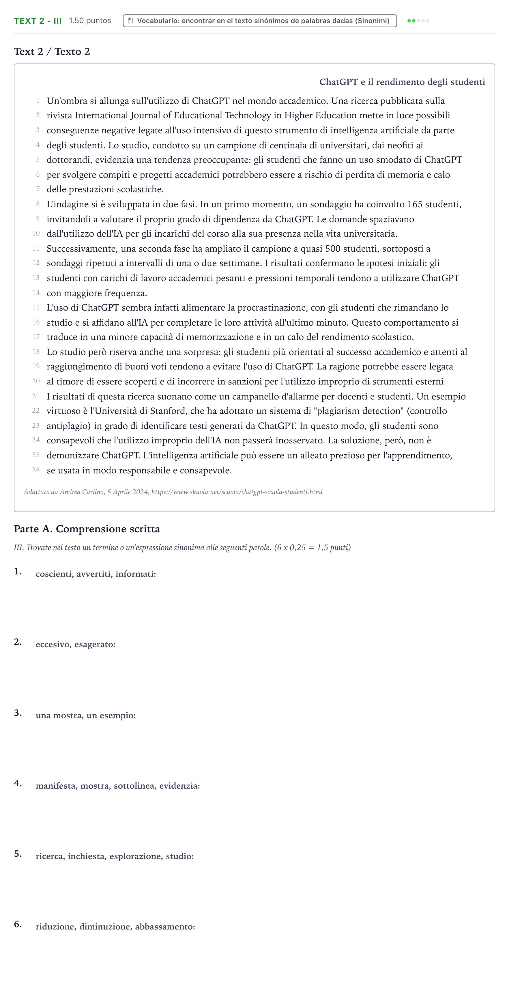 Enunciado: Ejercicio Text 2 - III · Italiano PAU Valencia Extraordinaria solapamiento 2024