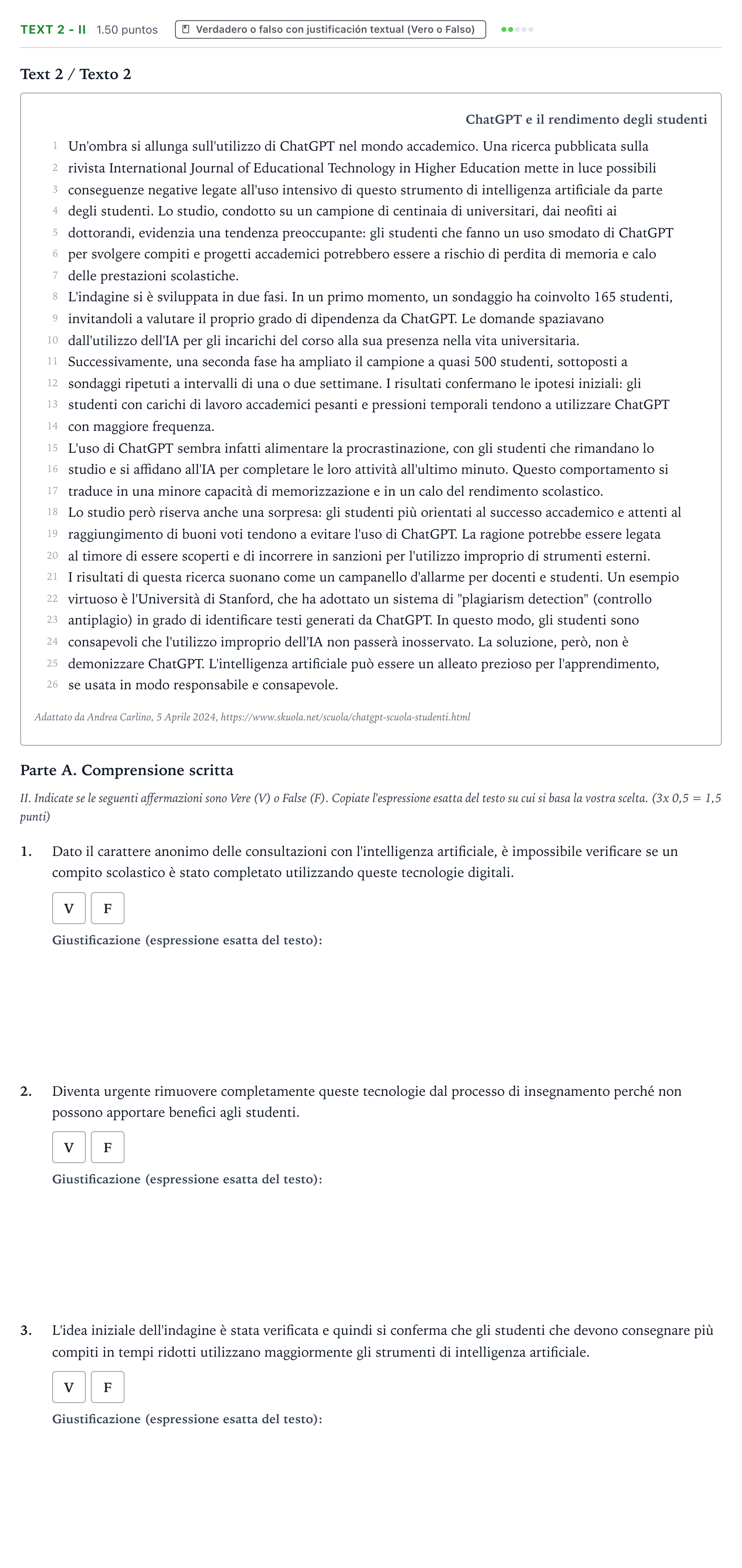 Enunciado: Ejercicio Text 2 - II · Italiano PAU Valencia Extraordinaria solapamiento 2024