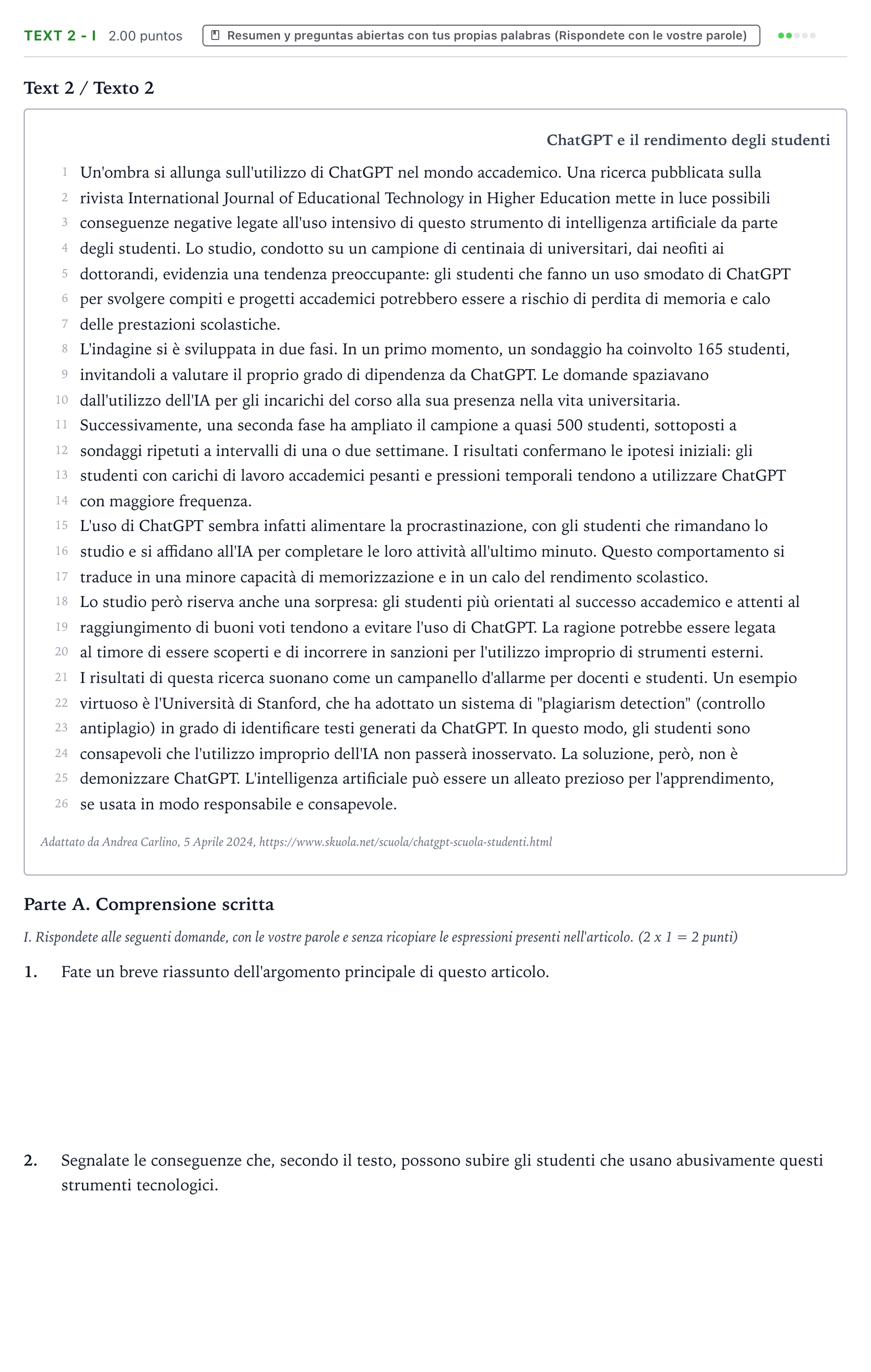 Enunciado: Ejercicio Text 2 - I · Italiano PAU Valencia Extraordinaria solapamiento 2024