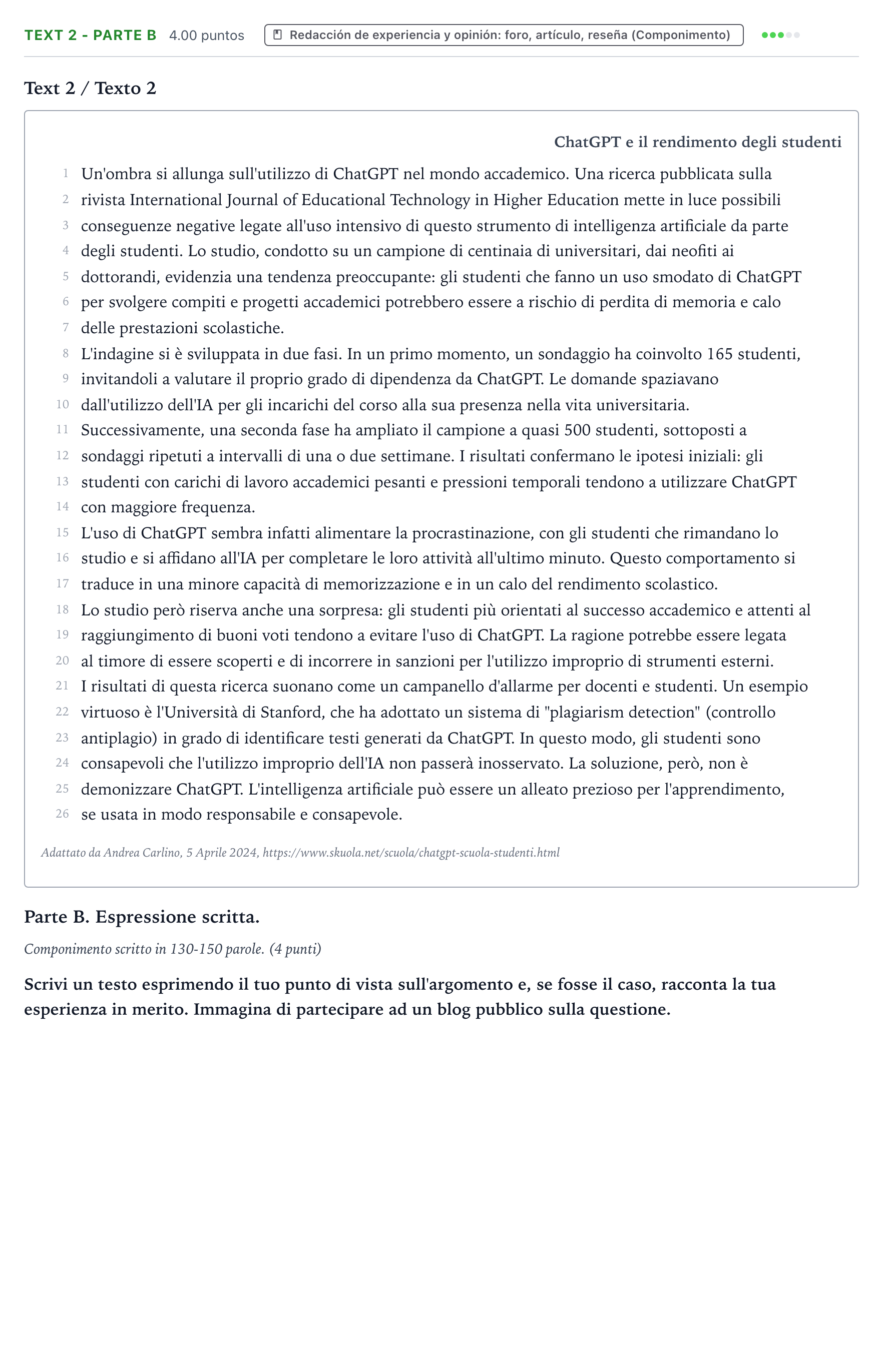 Enunciado: Ejercicio Text 2 - Parte B · Italiano PAU Valencia Extraordinaria solapamiento 2024