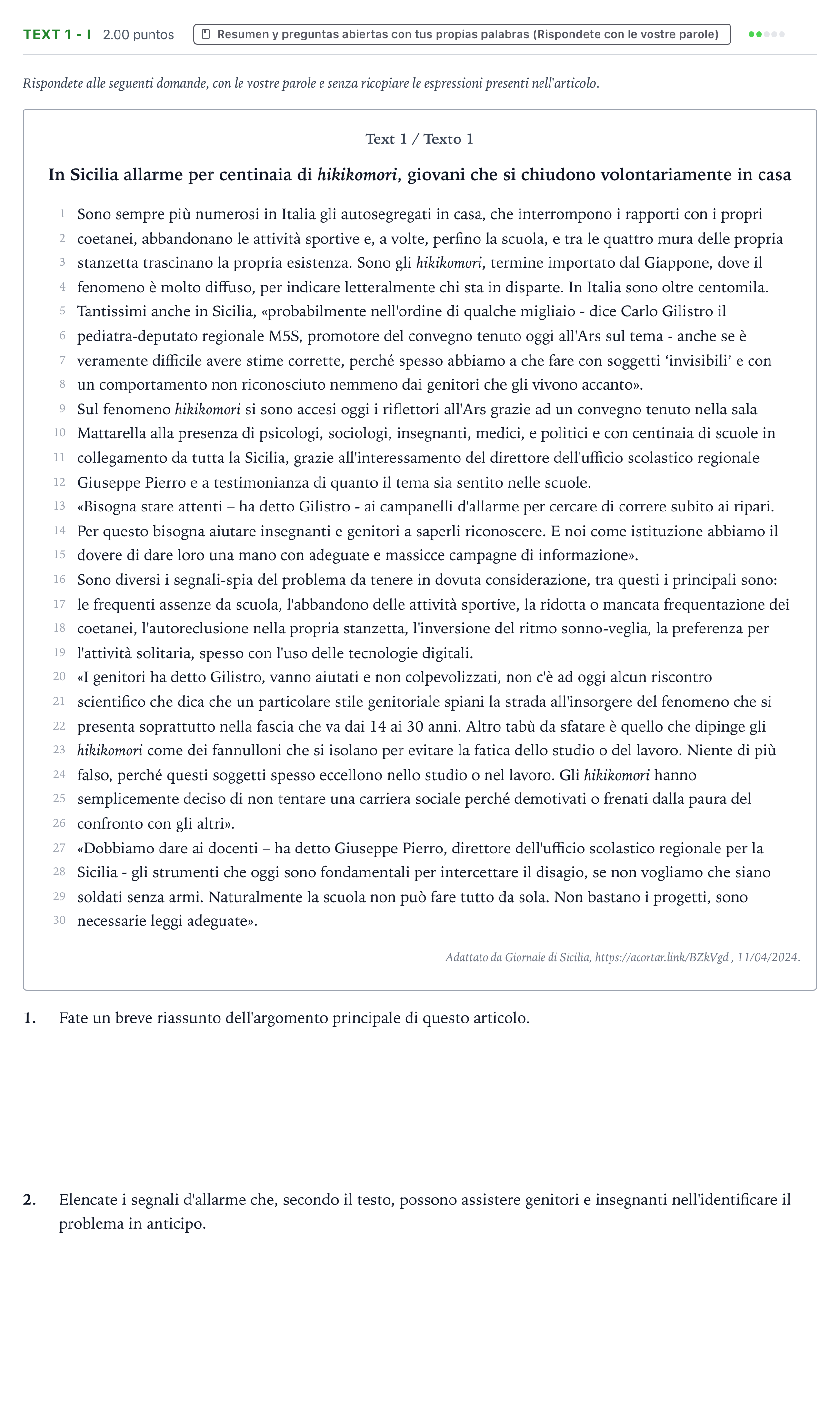 Enunciado: Ejercicio Text 1 - I · Italiano PAU Valencia Ordinaria 2024
