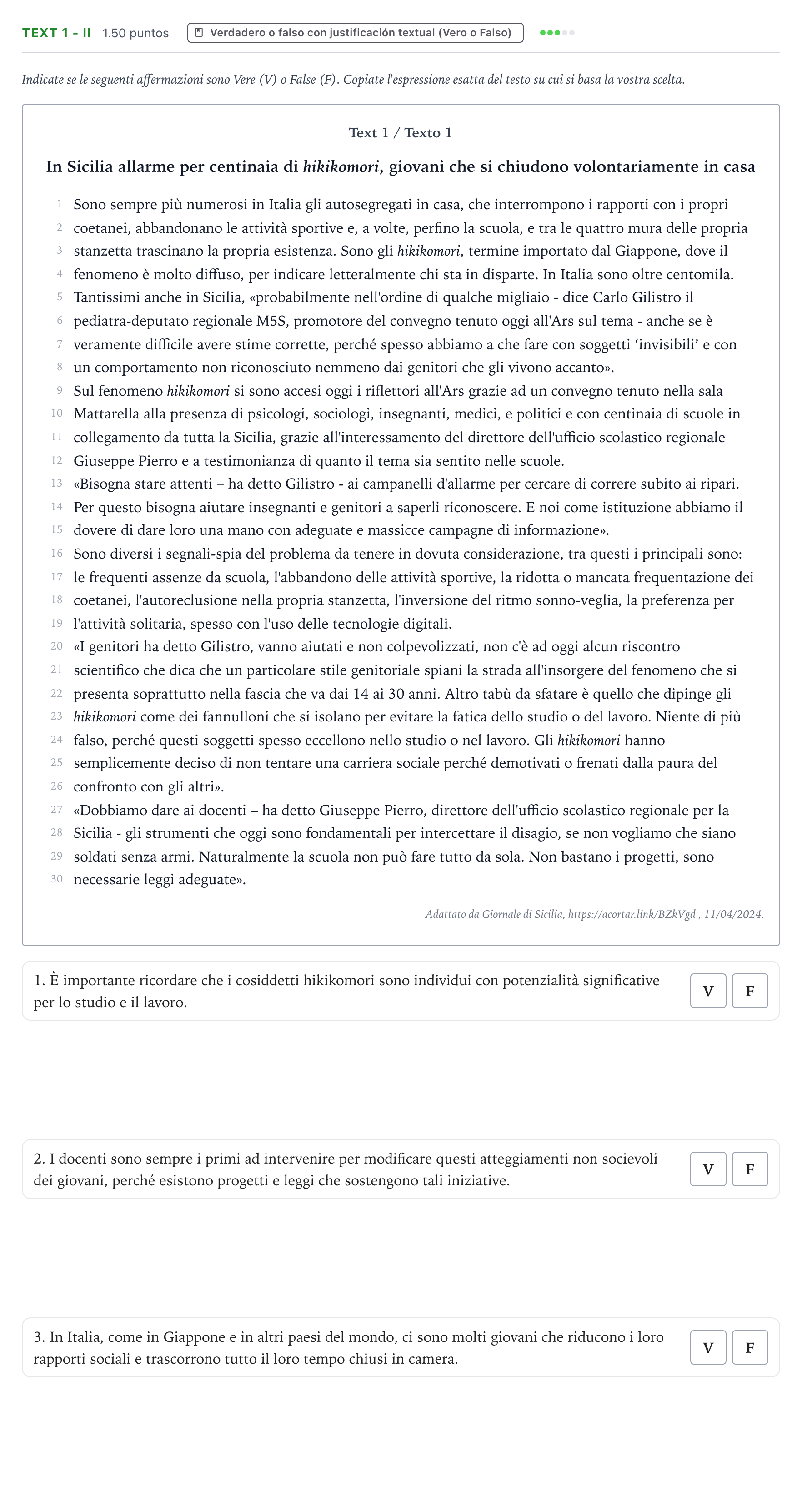 Enunciado: Ejercicio Text 1 - II · Italiano PAU Valencia Ordinaria 2024
