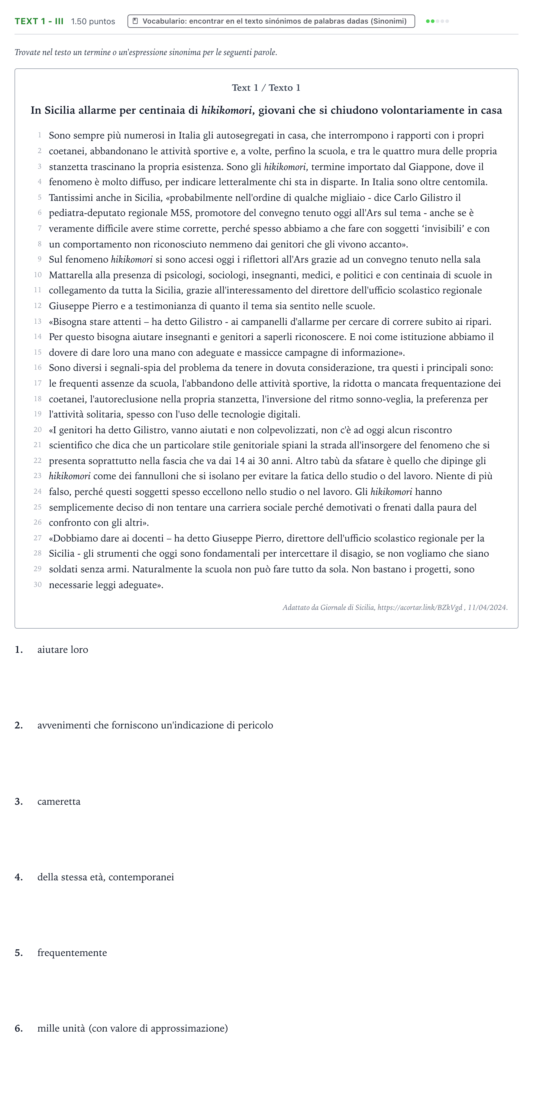 Enunciado: Ejercicio Text 1 - III · Italiano PAU Valencia Ordinaria 2024