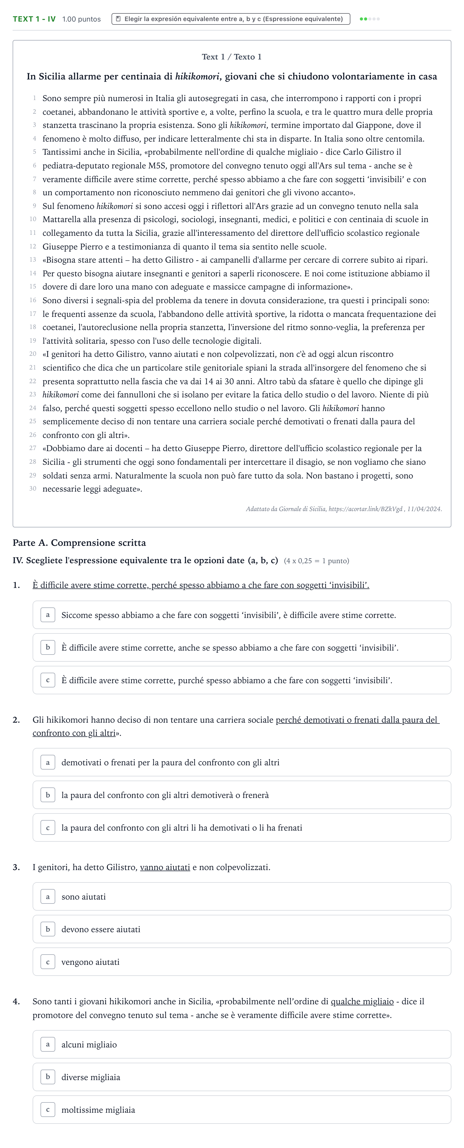 Enunciado: Ejercicio Text 1 - IV · Italiano PAU Valencia Ordinaria 2024