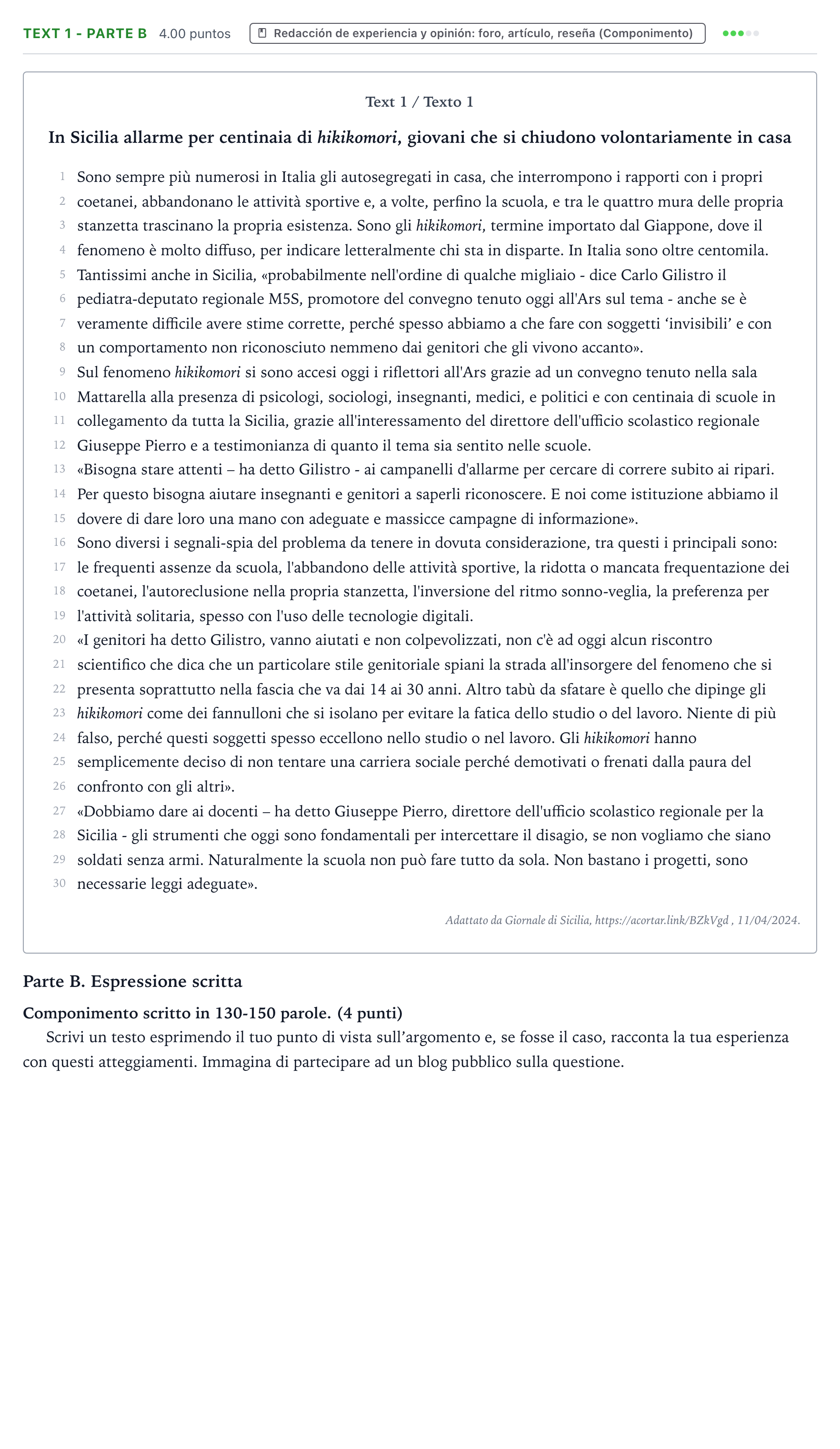 Enunciado: Ejercicio Text 1 - Parte B · Italiano PAU Valencia Ordinaria 2024