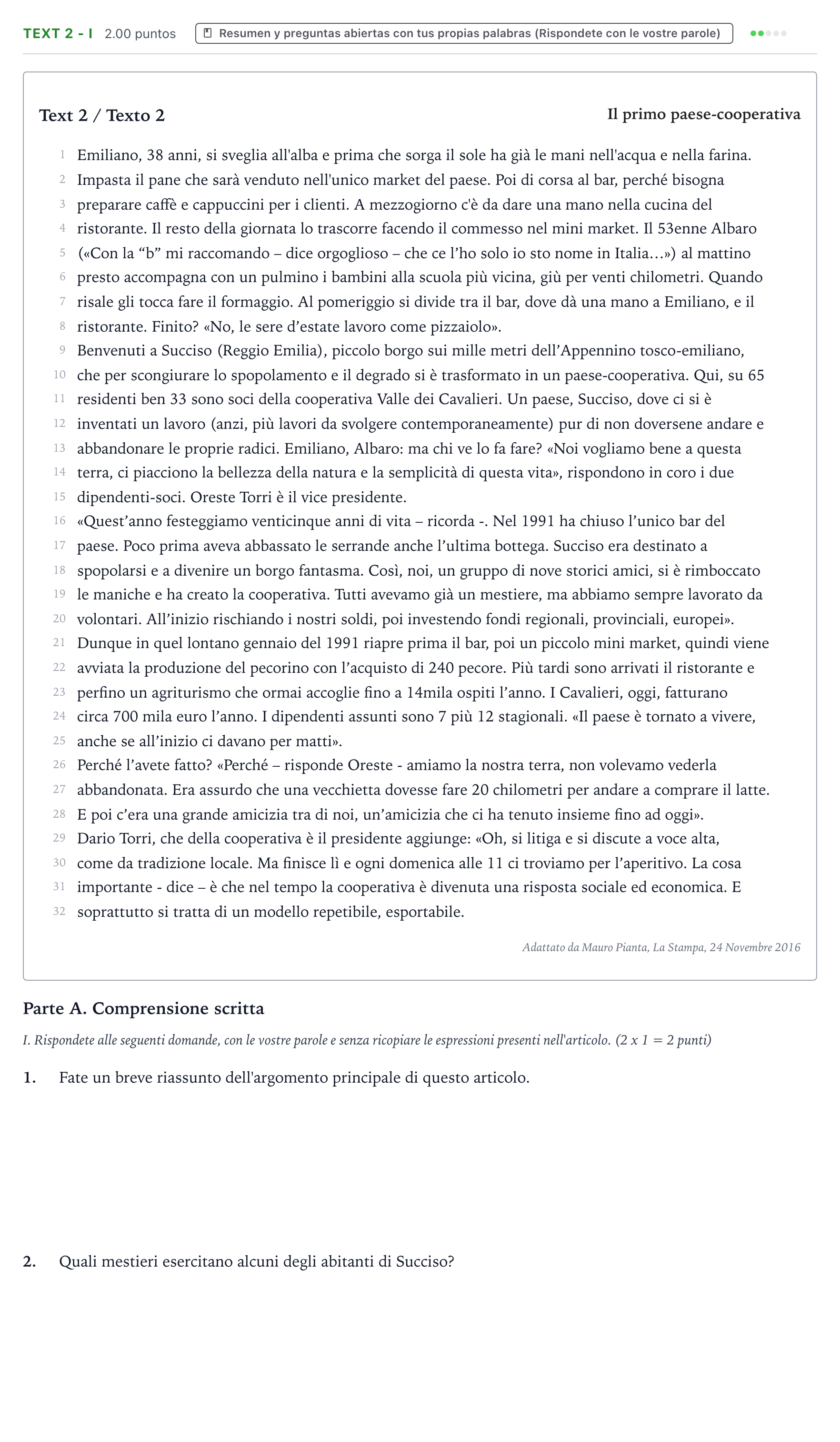 Enunciado: Ejercicio Text 2 - I · Italiano PAU Valencia Ordinaria 2024