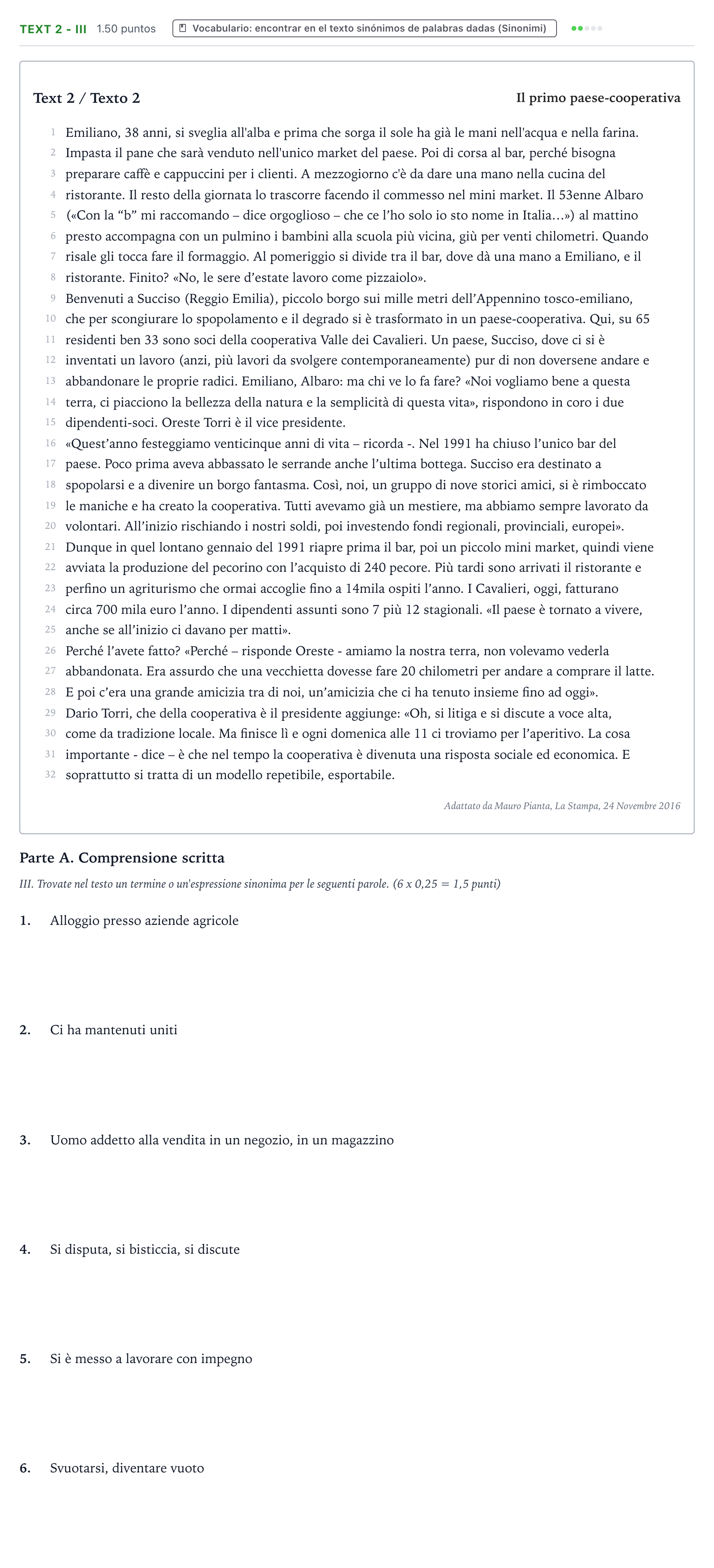 Enunciado: Ejercicio Text 2 - III · Italiano PAU Valencia Ordinaria 2024