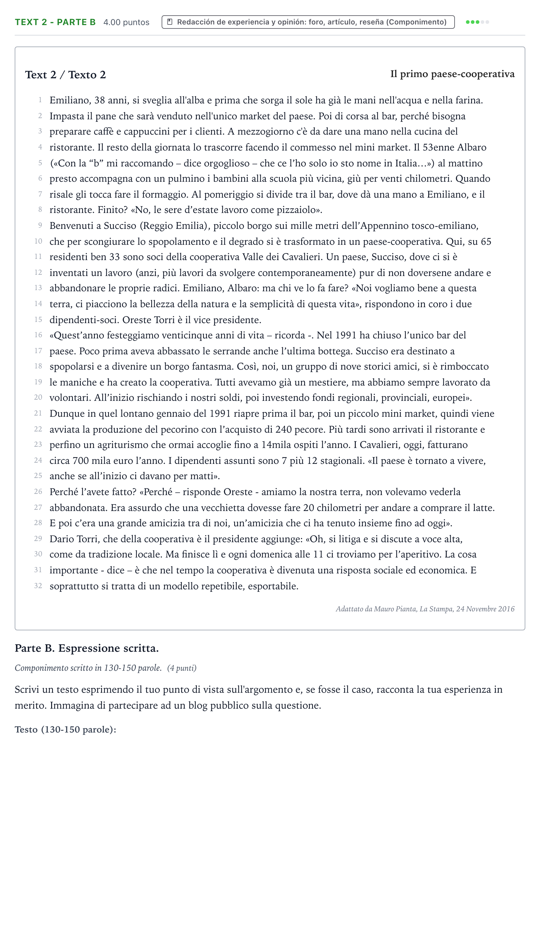 Enunciado: Ejercicio Text 2 - Parte B · Italiano PAU Valencia Ordinaria 2024