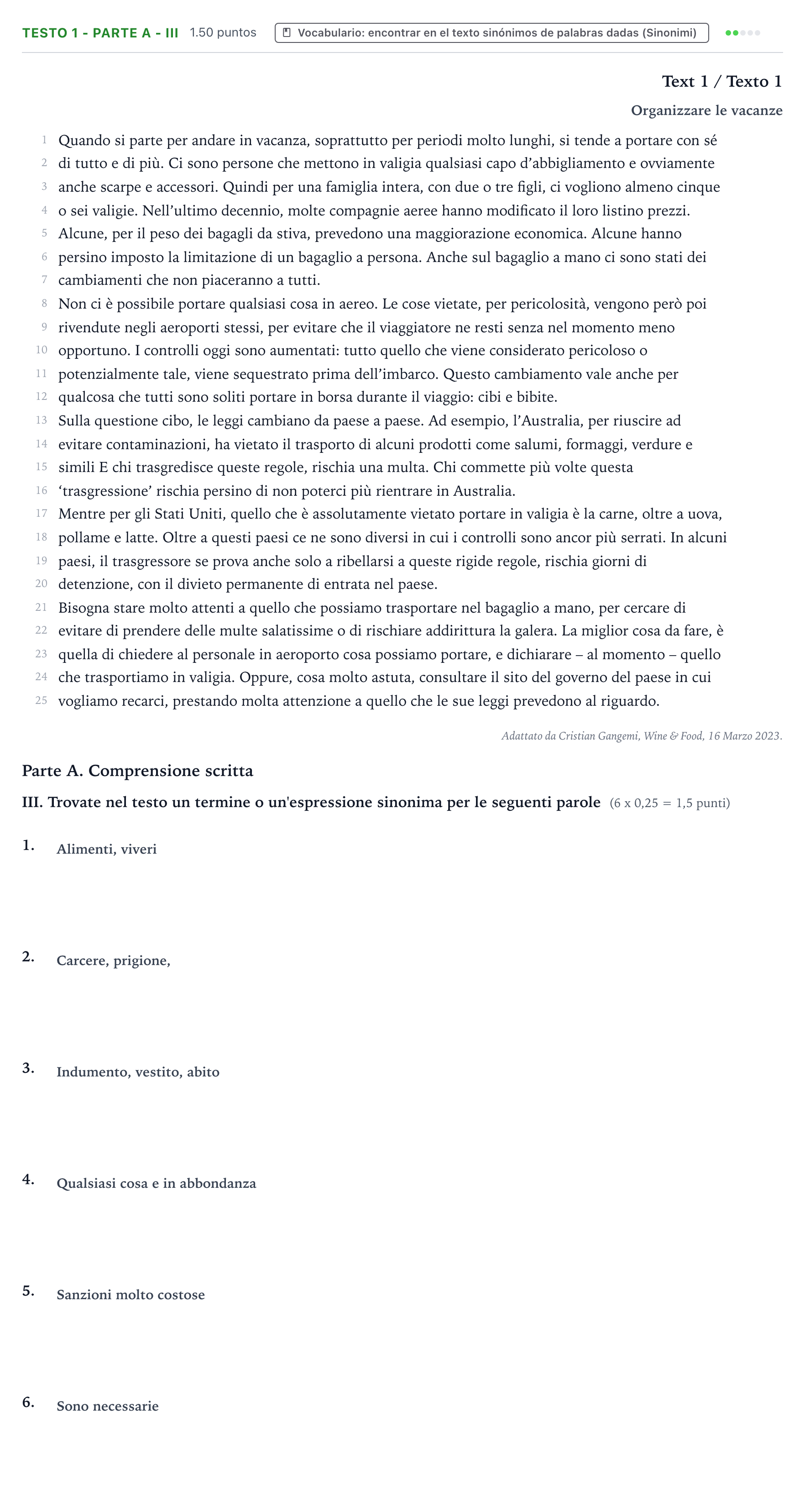 Enunciado: Ejercicio Testo 1 - Parte A - III · Italiano PAU Valencia Ordinaria solapamiento 2024