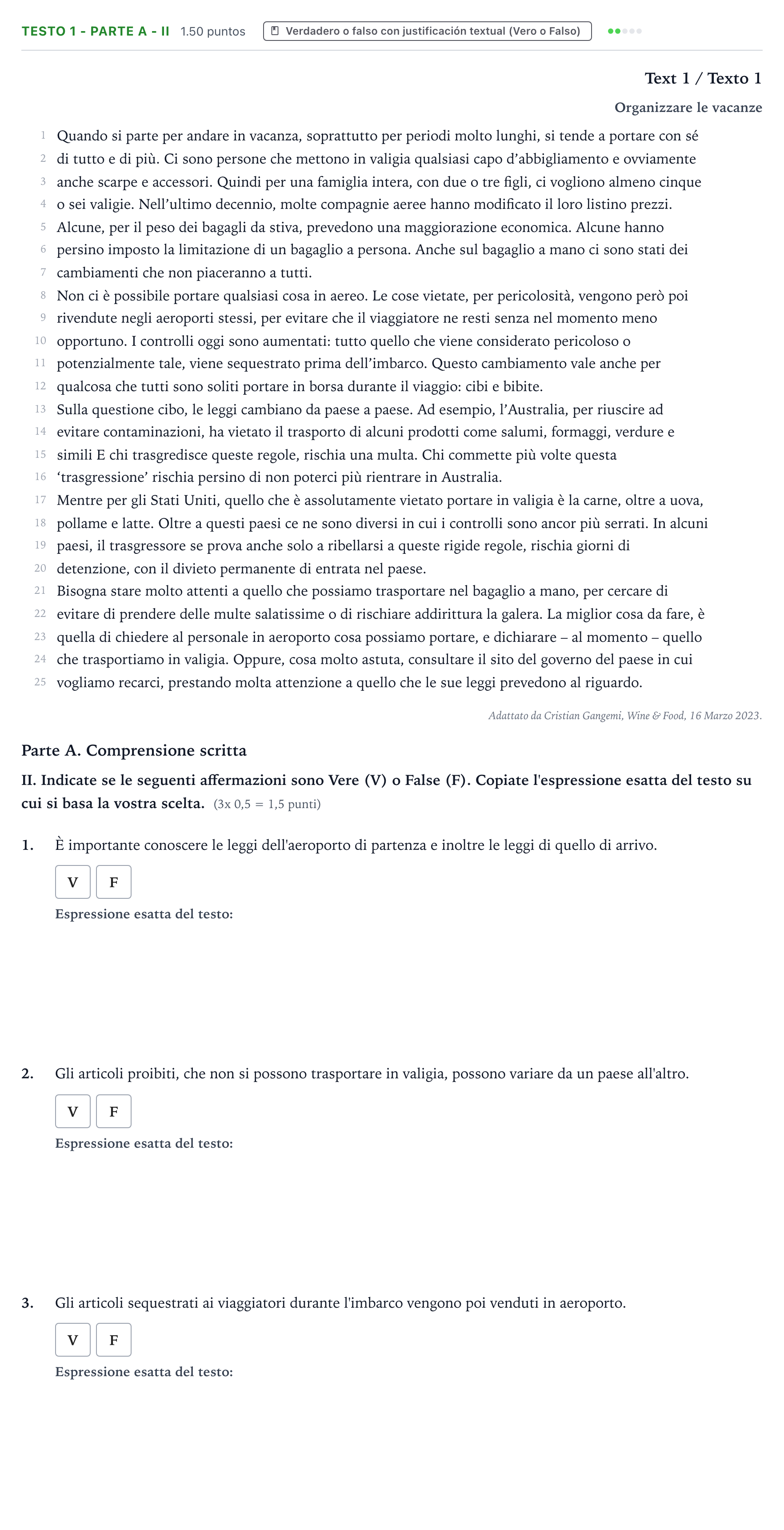 Enunciado: Ejercicio Testo 1 - Parte A - II · Italiano PAU Valencia Ordinaria solapamiento 2024