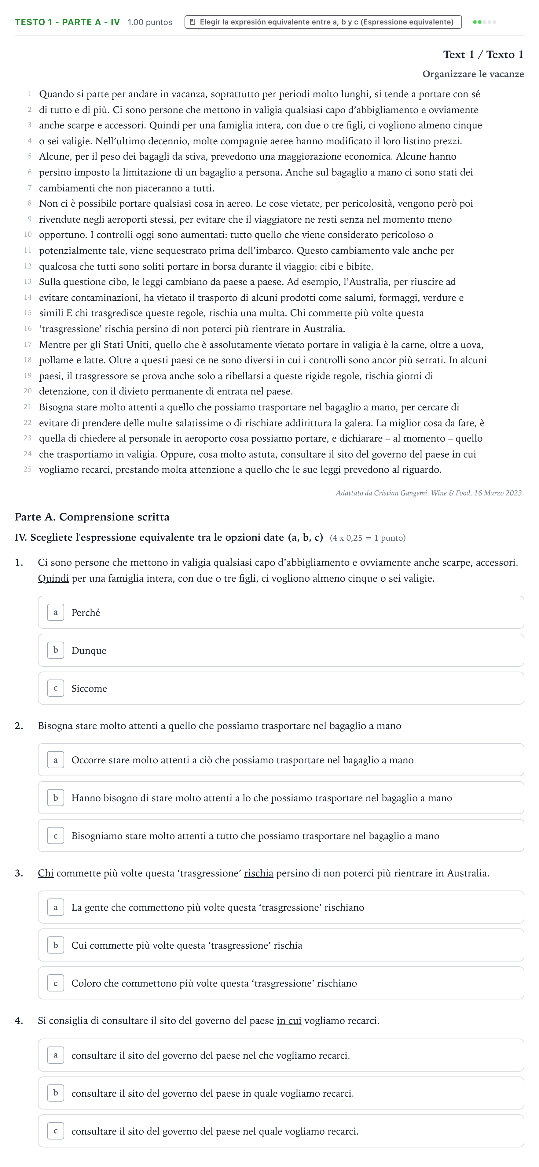 Enunciado: Ejercicio Testo 1 - Parte A - IV · Italiano PAU Valencia Ordinaria solapamiento 2024