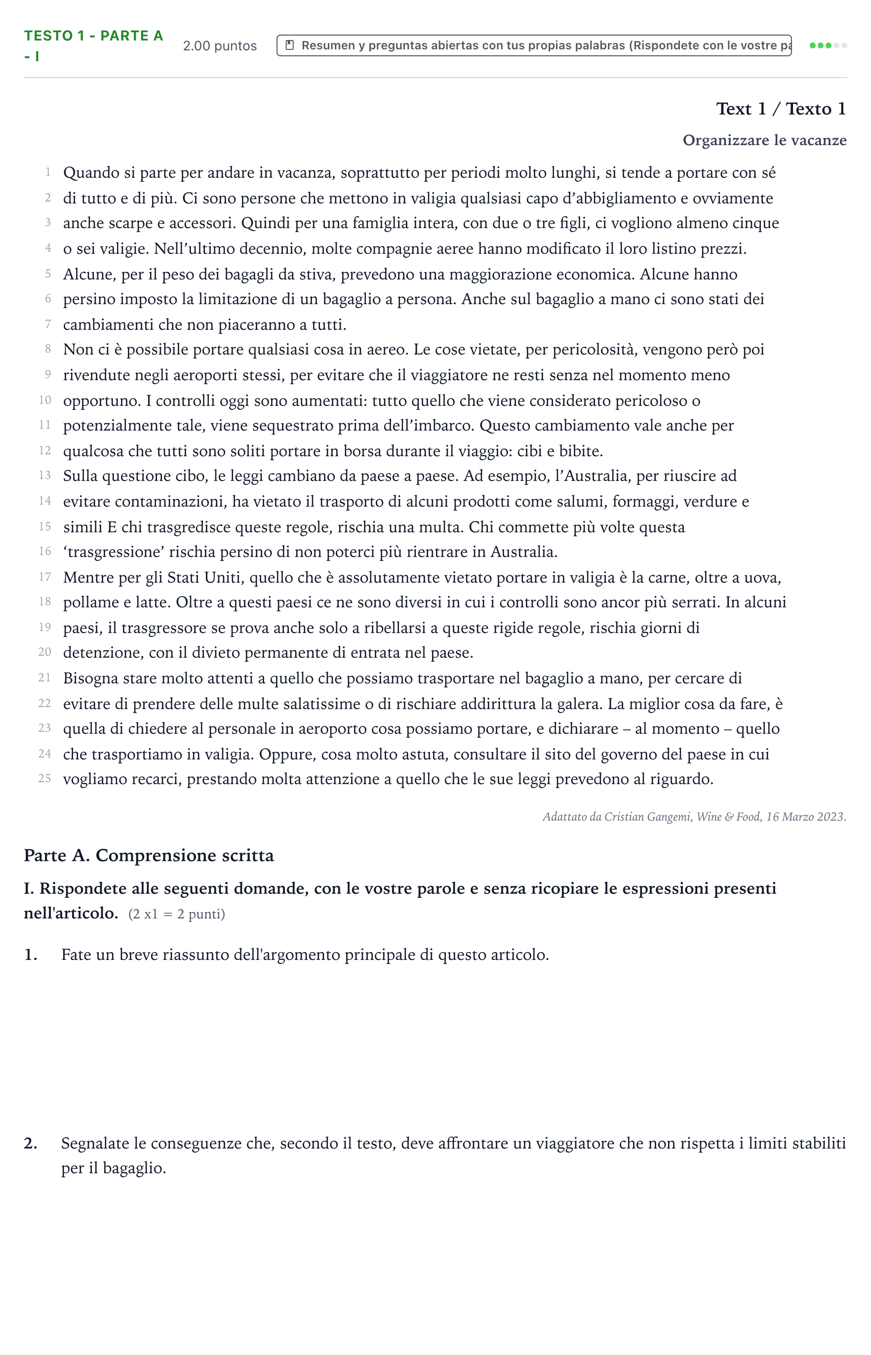 Enunciado: Ejercicio Testo 1 - Parte A - I · Italiano PAU Valencia Ordinaria solapamiento 2024