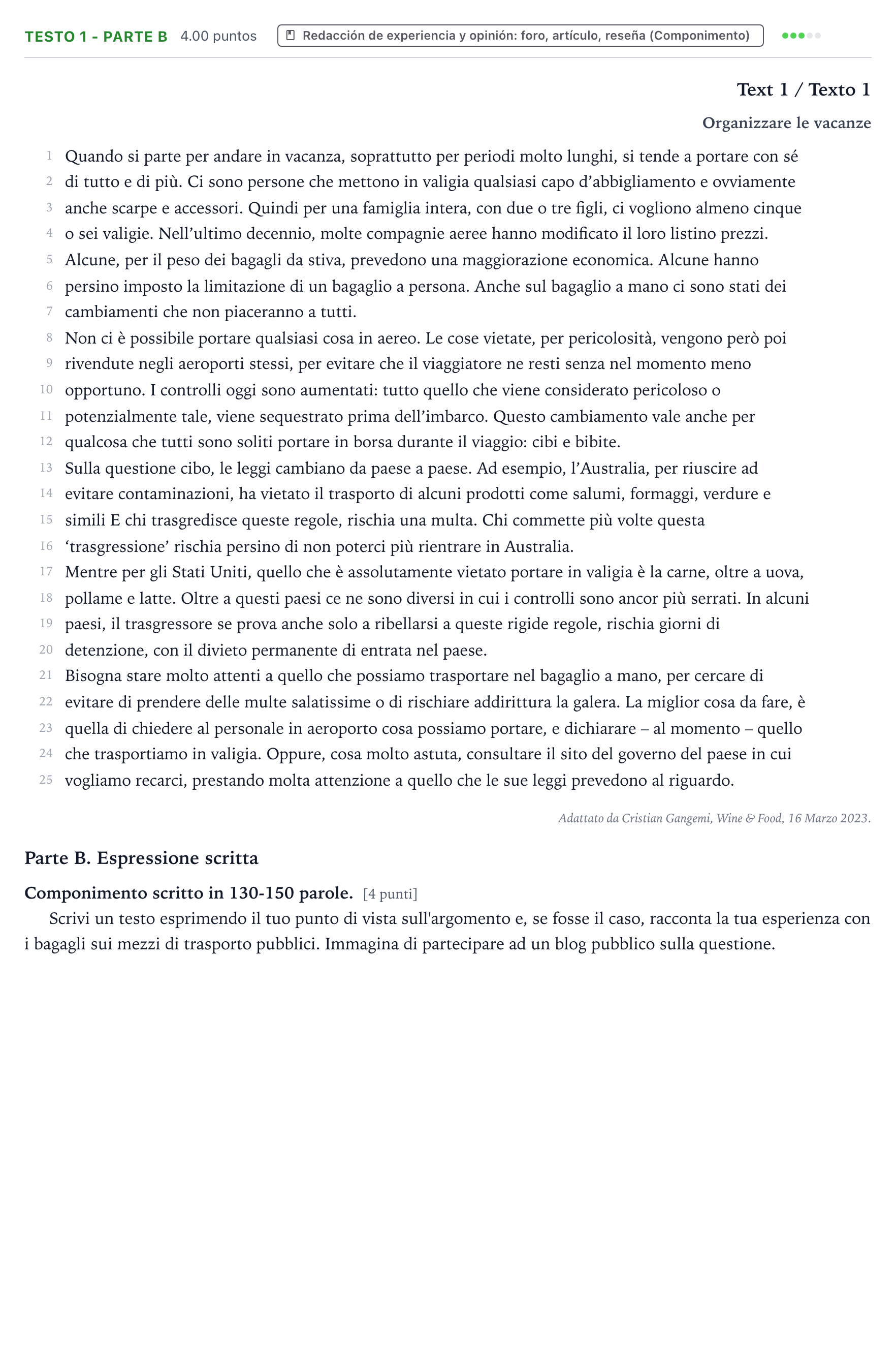 Enunciado: Ejercicio Testo 1 - Parte B · Italiano PAU Valencia Ordinaria solapamiento 2024