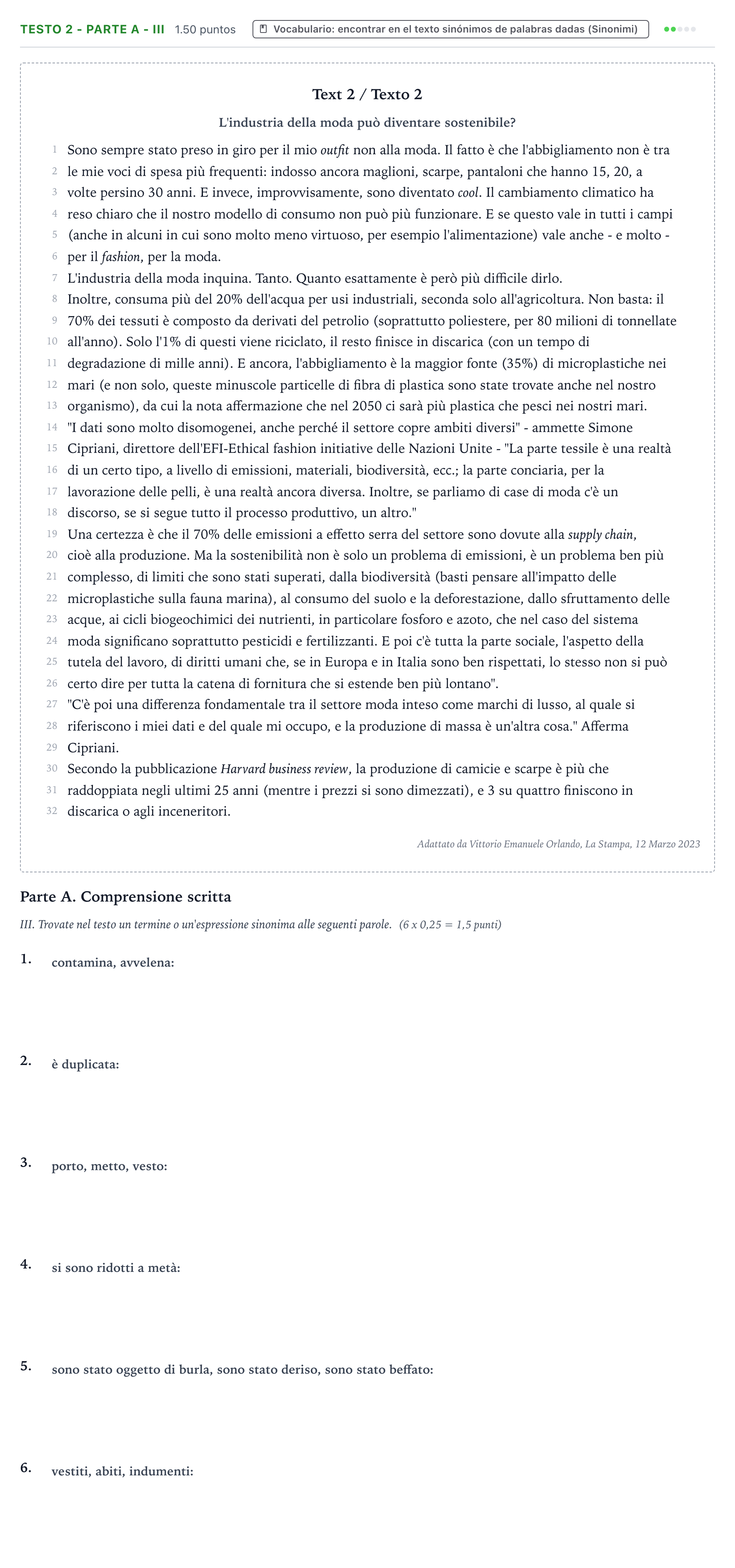 Enunciado: Ejercicio Testo 2 - Parte A - III · Italiano PAU Valencia Ordinaria solapamiento 2024
