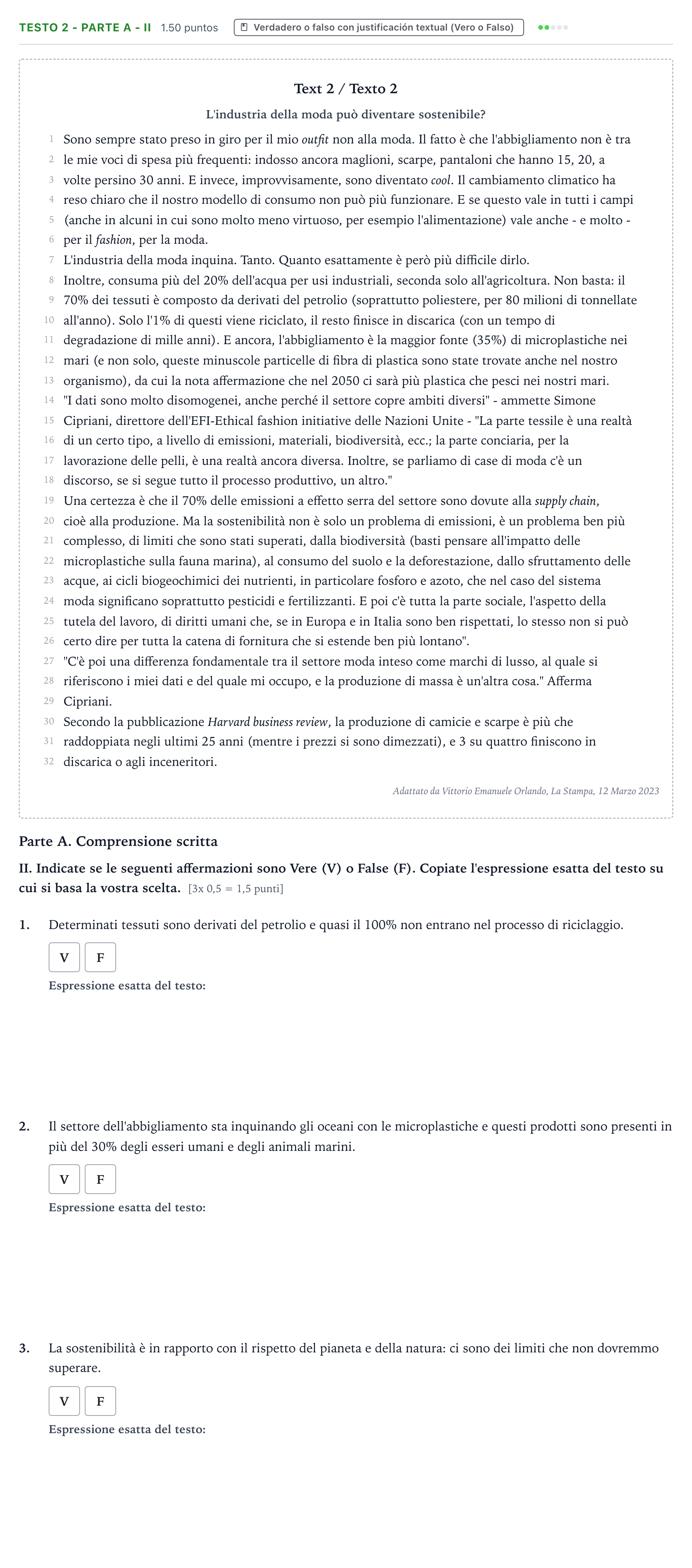 Enunciado: Ejercicio Testo 2 - Parte A - II · Italiano PAU Valencia Ordinaria solapamiento 2024
